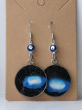 Handmade Polymer Clay Dangle Earrings in Black, Blue & White