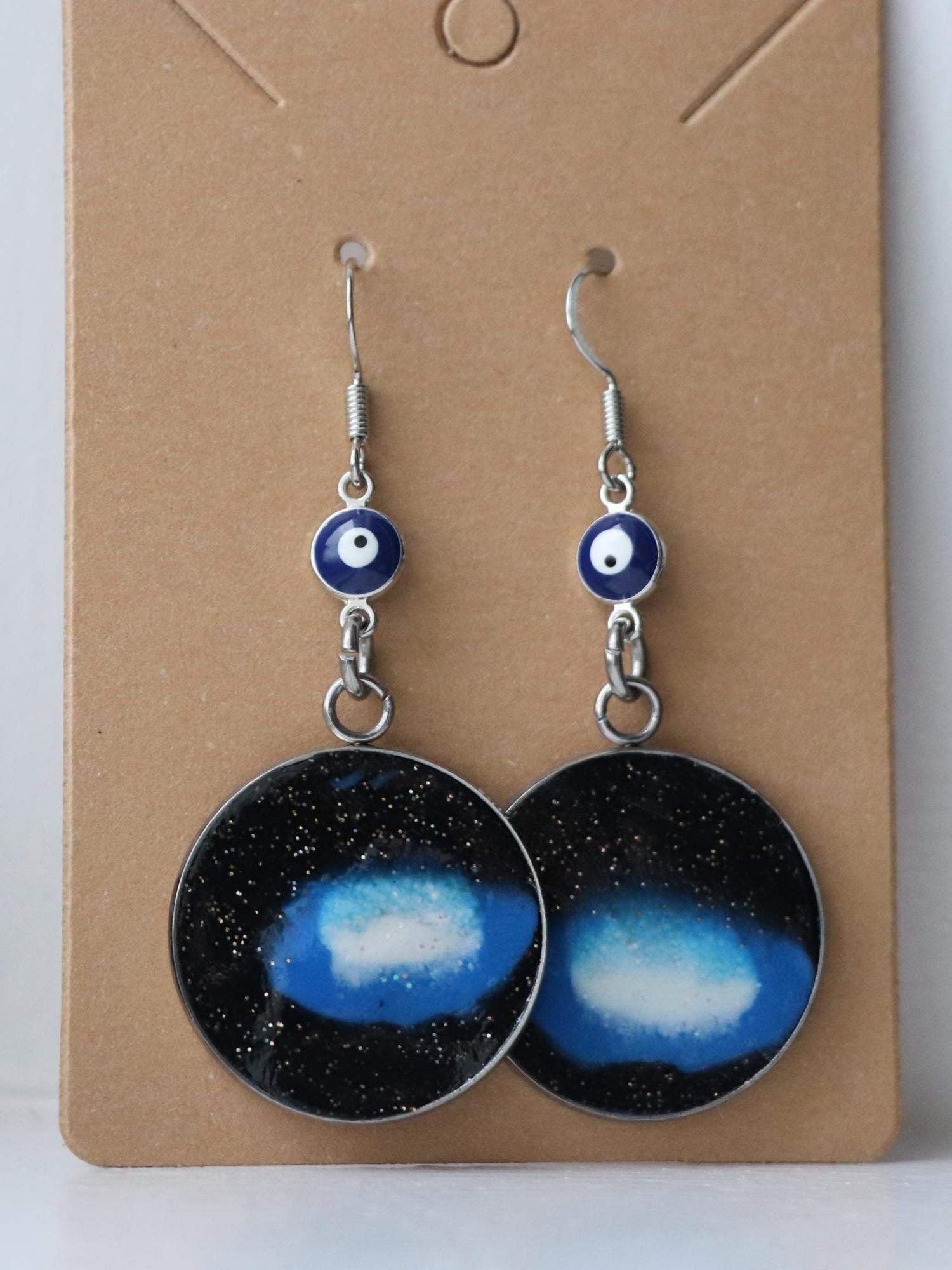 Handmade Polymer Clay Dangle Earrings in Black, Blue & White