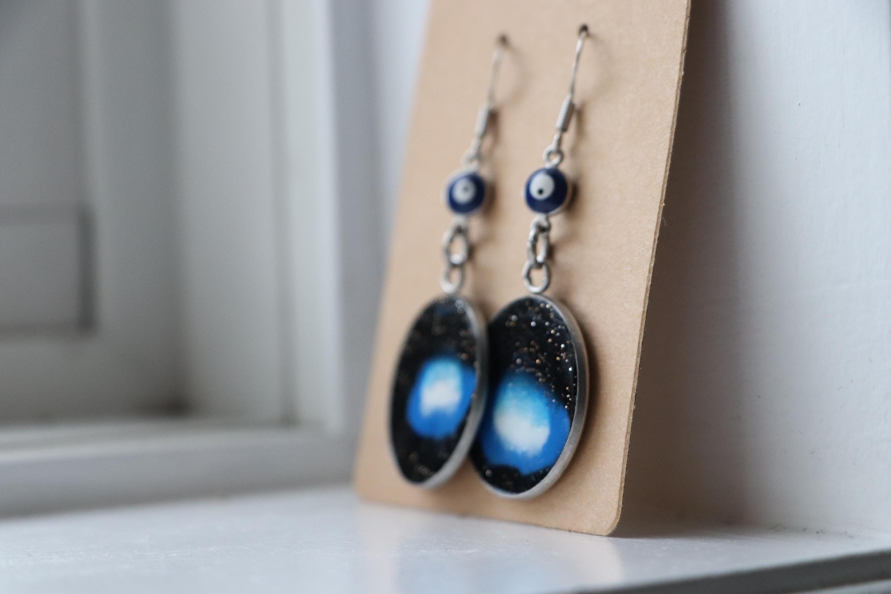 Handmade Polymer Clay Dangle Earrings in Black, Blue & White