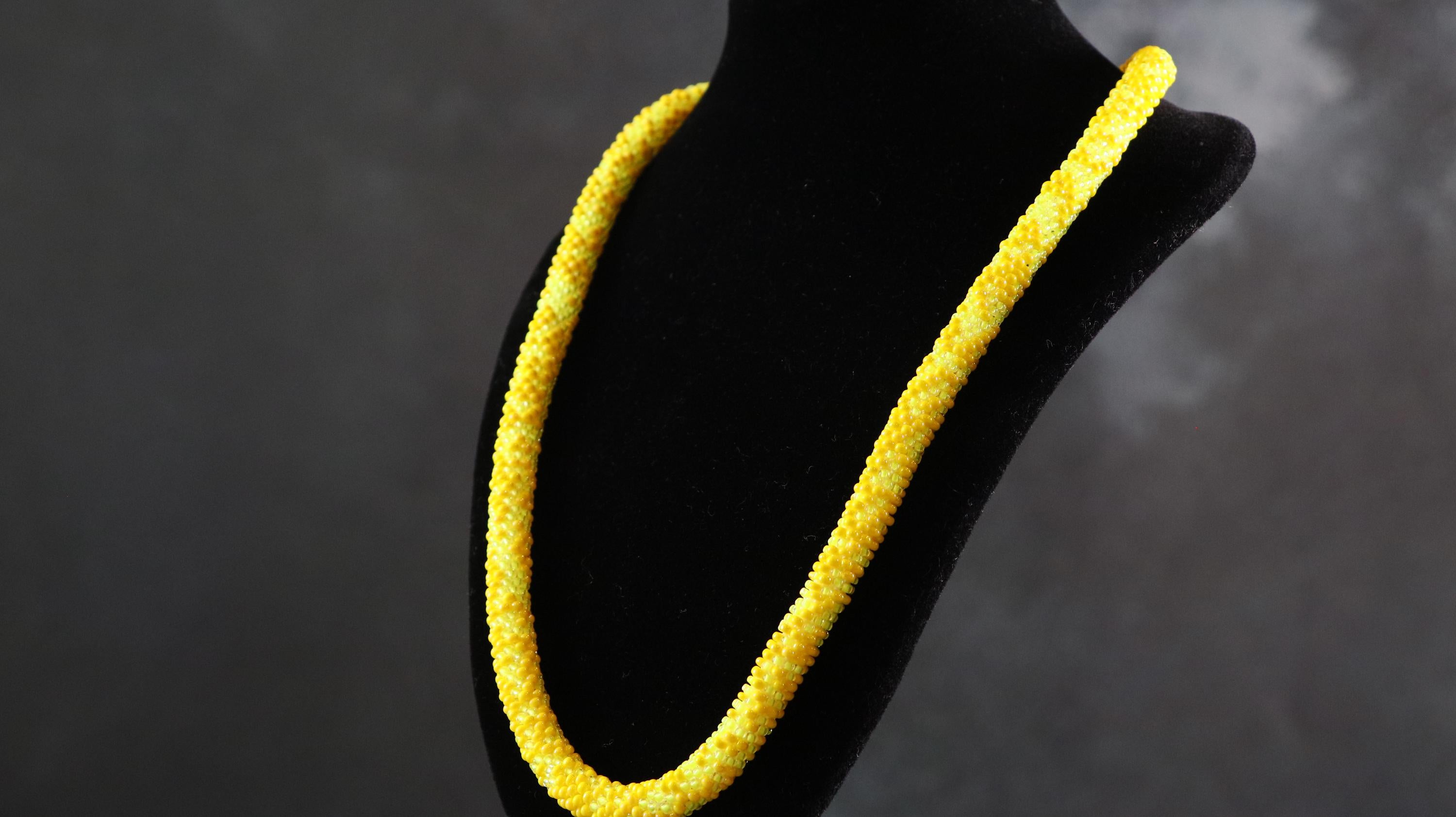 Handmade Two Tone Yellow Knitted Necklace with Shiny and Matte Beads