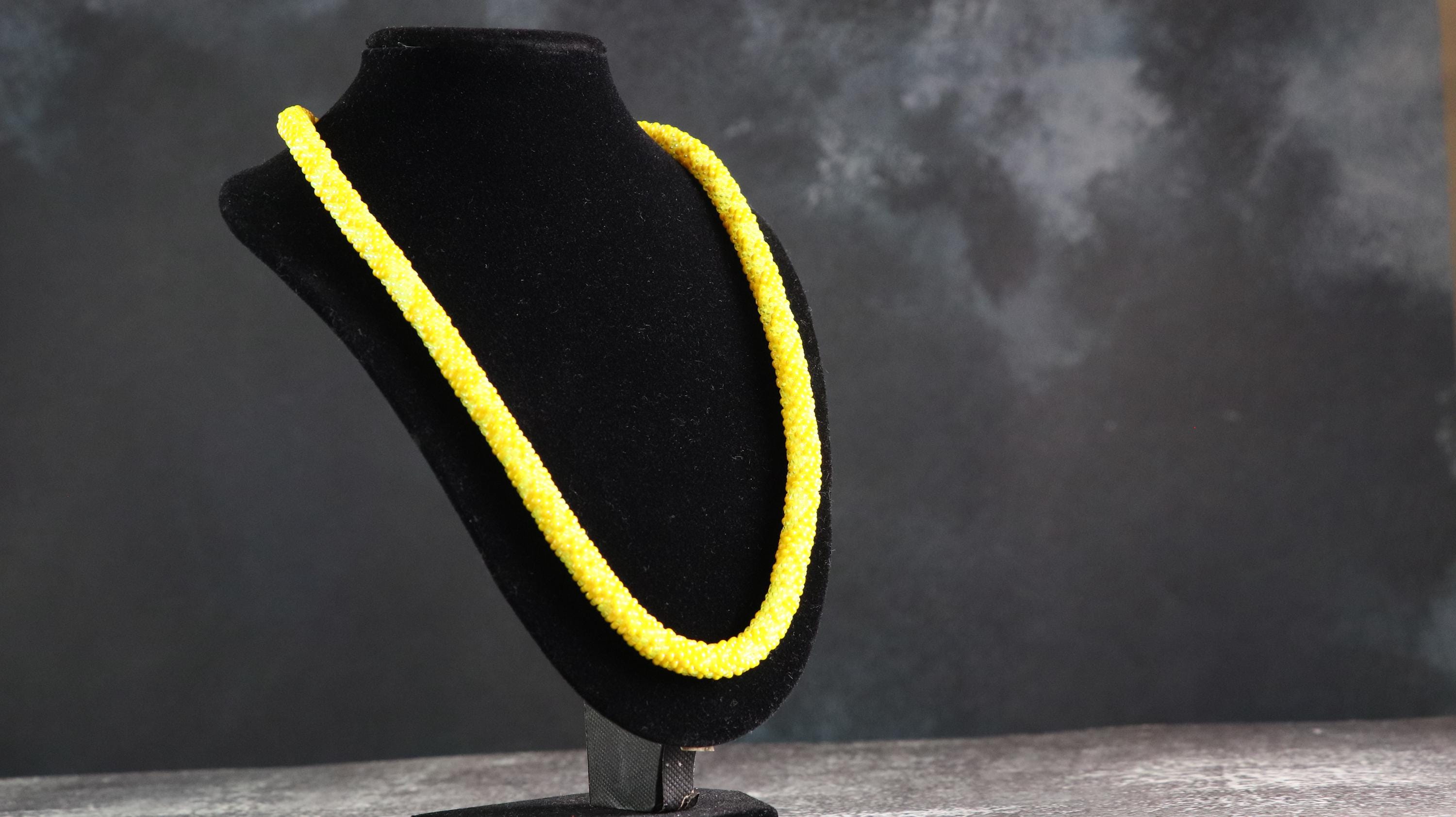 Handmade Two Tone Yellow Knitted Necklace with Shiny and Matte Beads