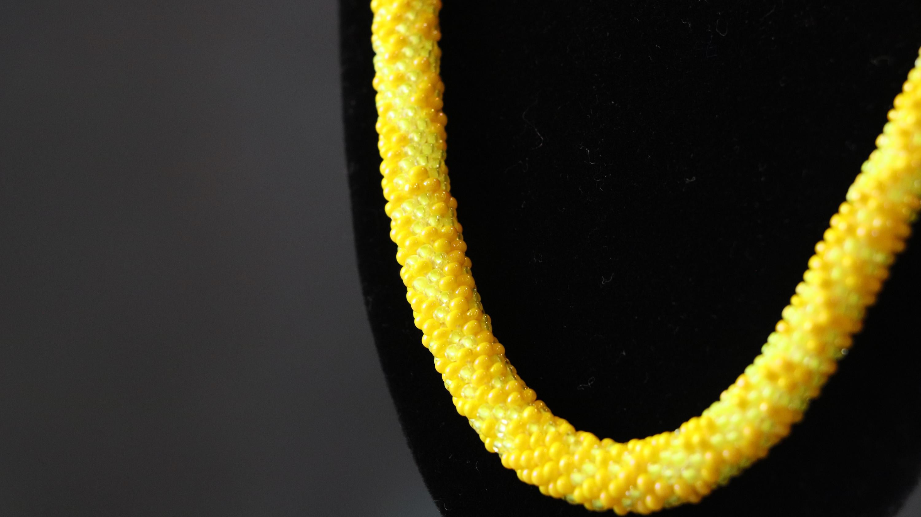 Handmade Two Tone Yellow Knitted Necklace with Shiny and Matte Beads