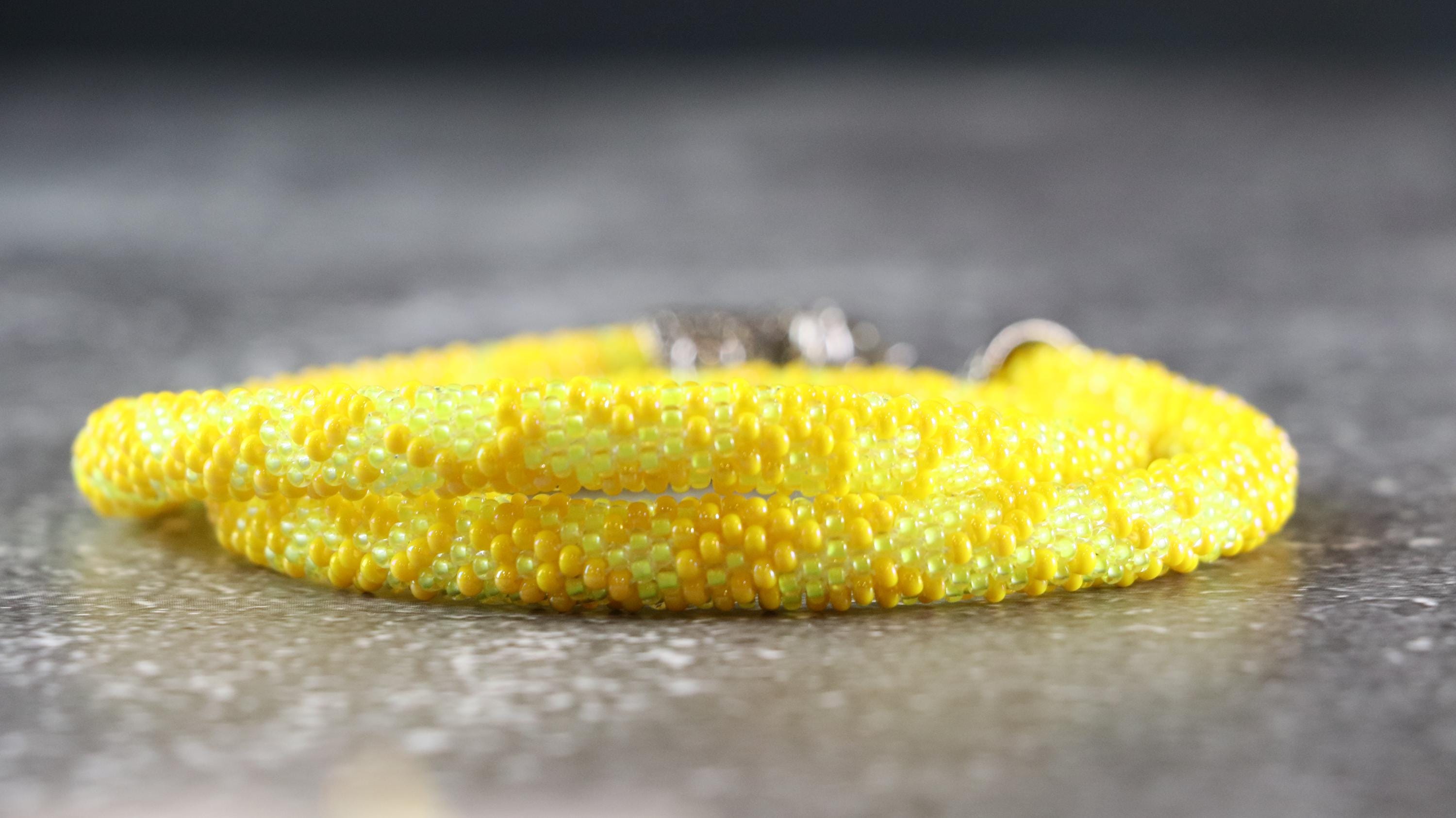 Handmade Two Tone Yellow Knitted Necklace with Shiny and Matte Beads