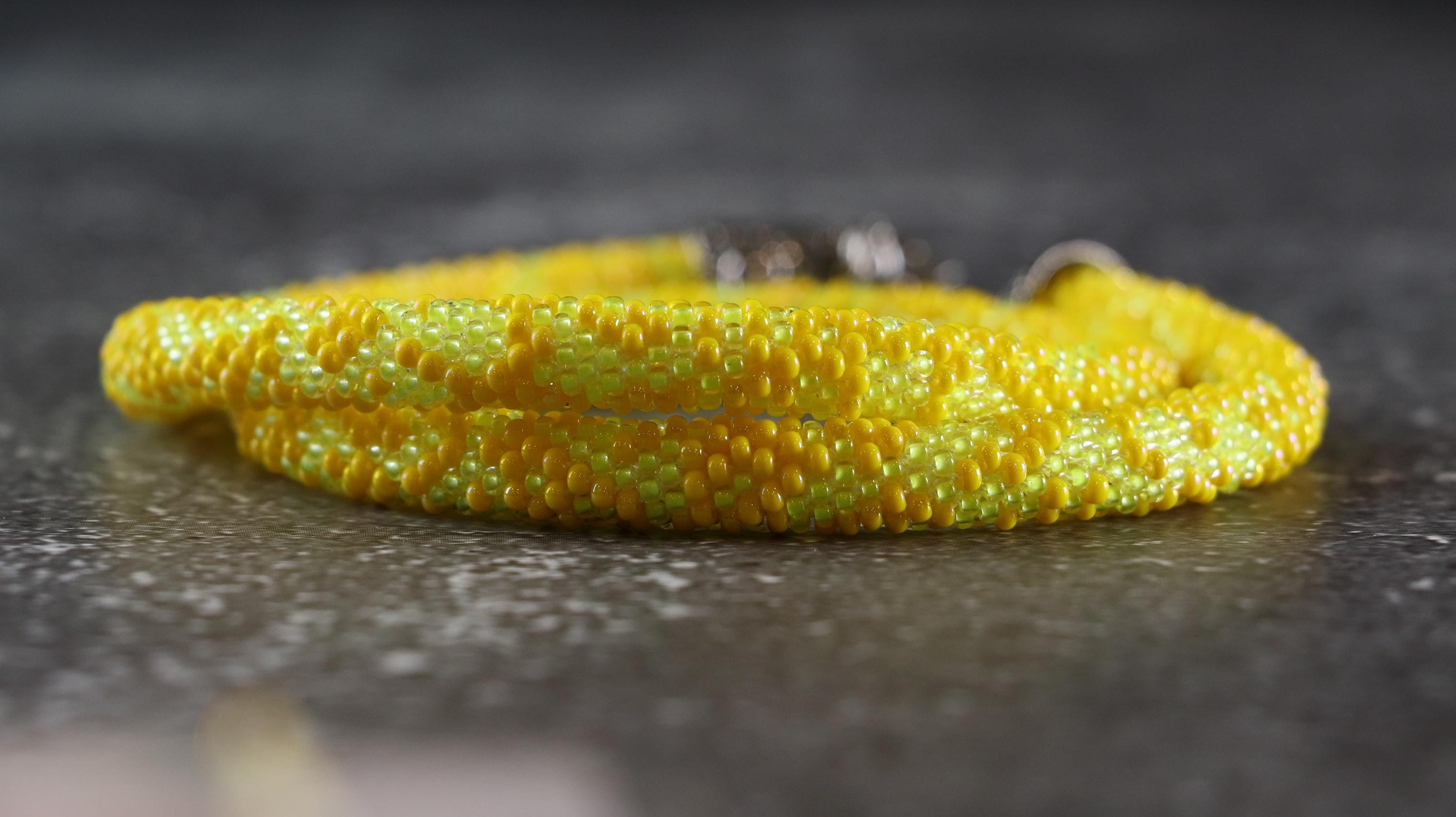 Handmade Two Tone Yellow Knitted Necklace with Shiny and Matte Beads
