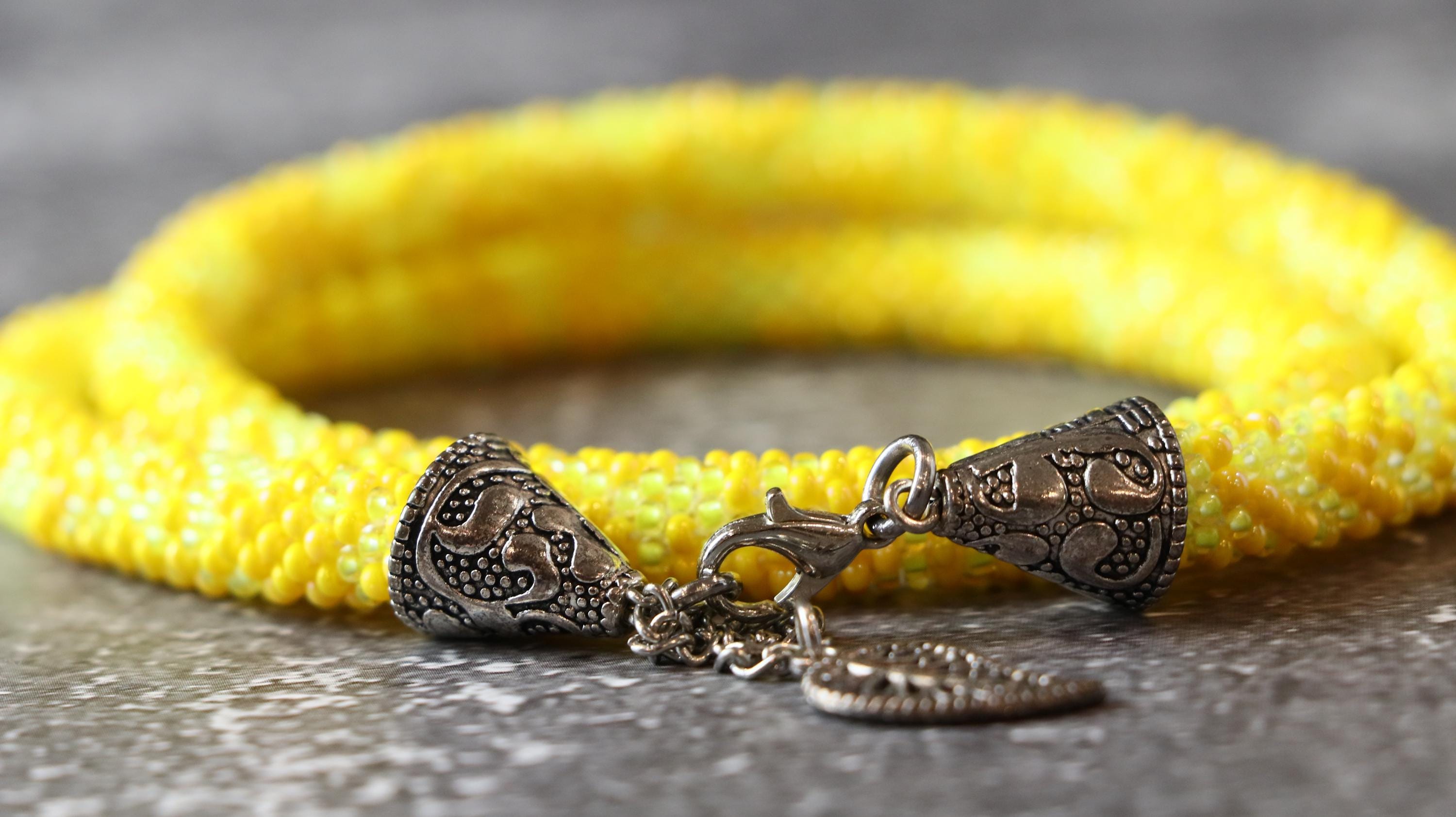 Handmade Two Tone Yellow Knitted Necklace with Shiny and Matte Beads
