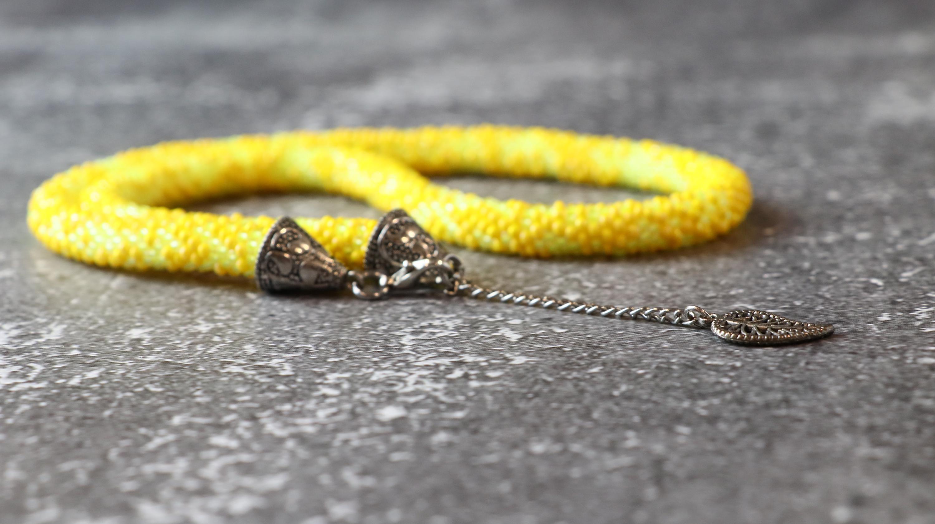 Handmade Two Tone Yellow Knitted Necklace with Shiny and Matte Beads