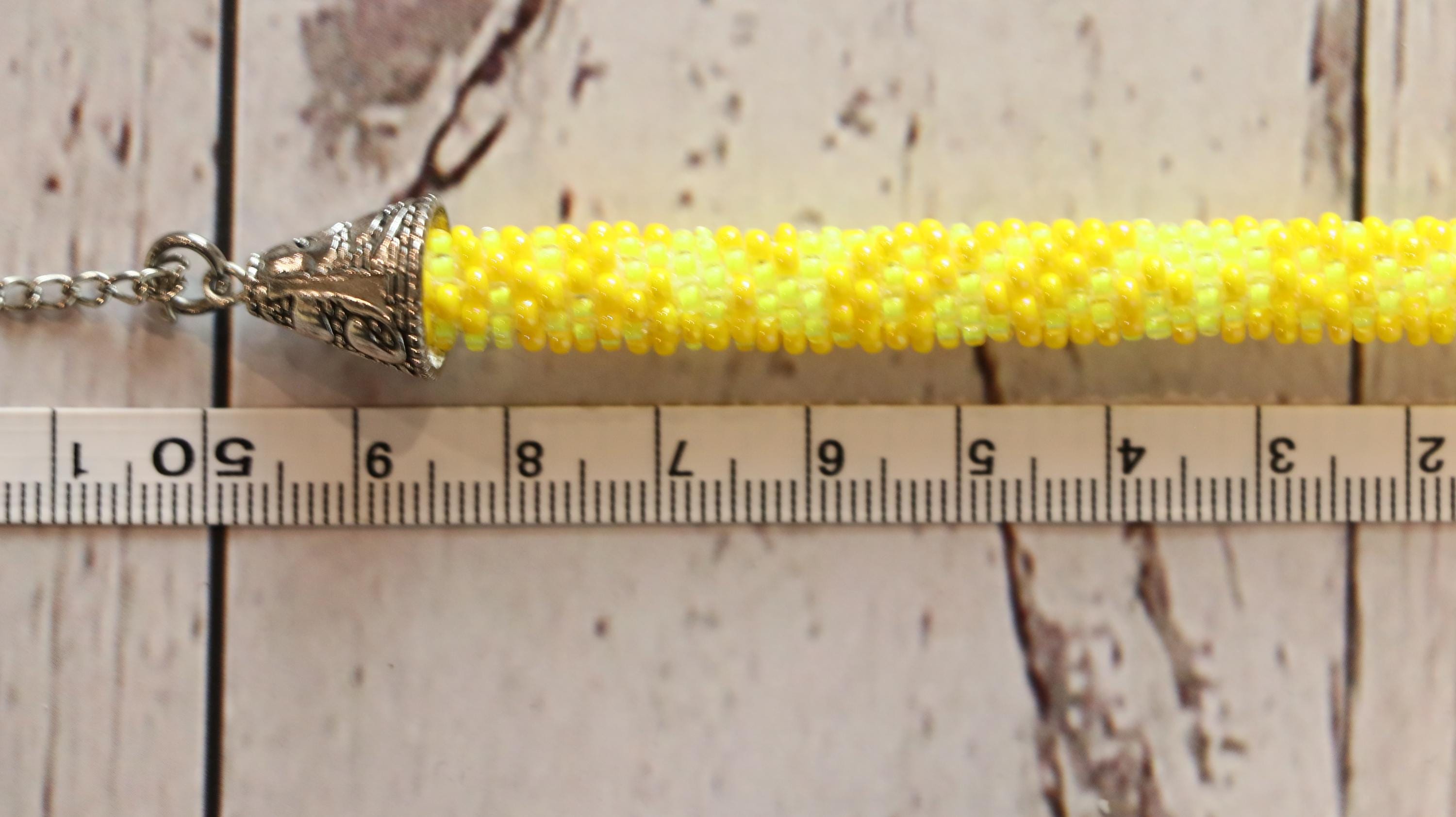 Handmade Two Tone Yellow Knitted Necklace with Shiny and Matte Beads