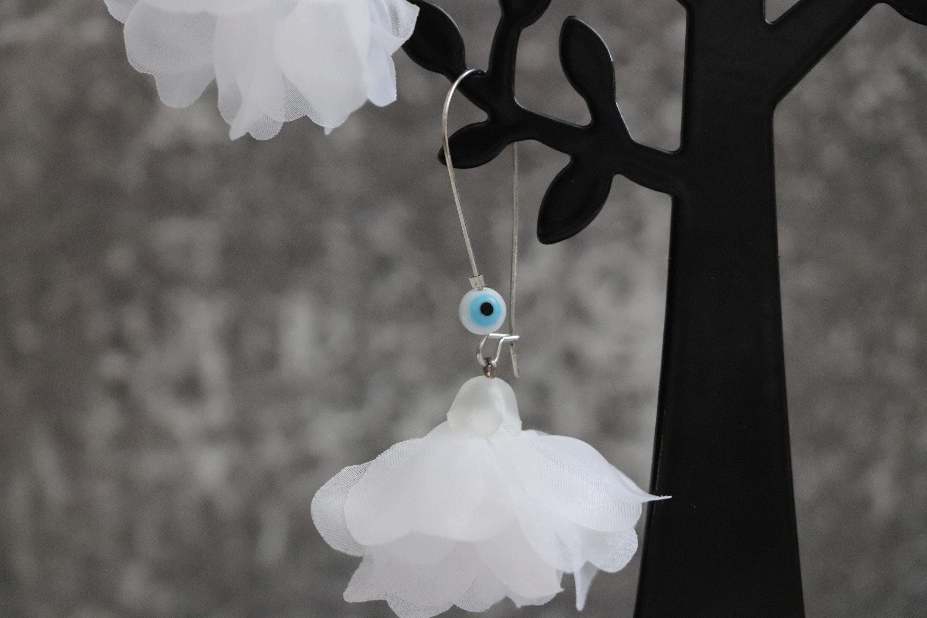 Handmade White Flower Earrings with Evil Eye