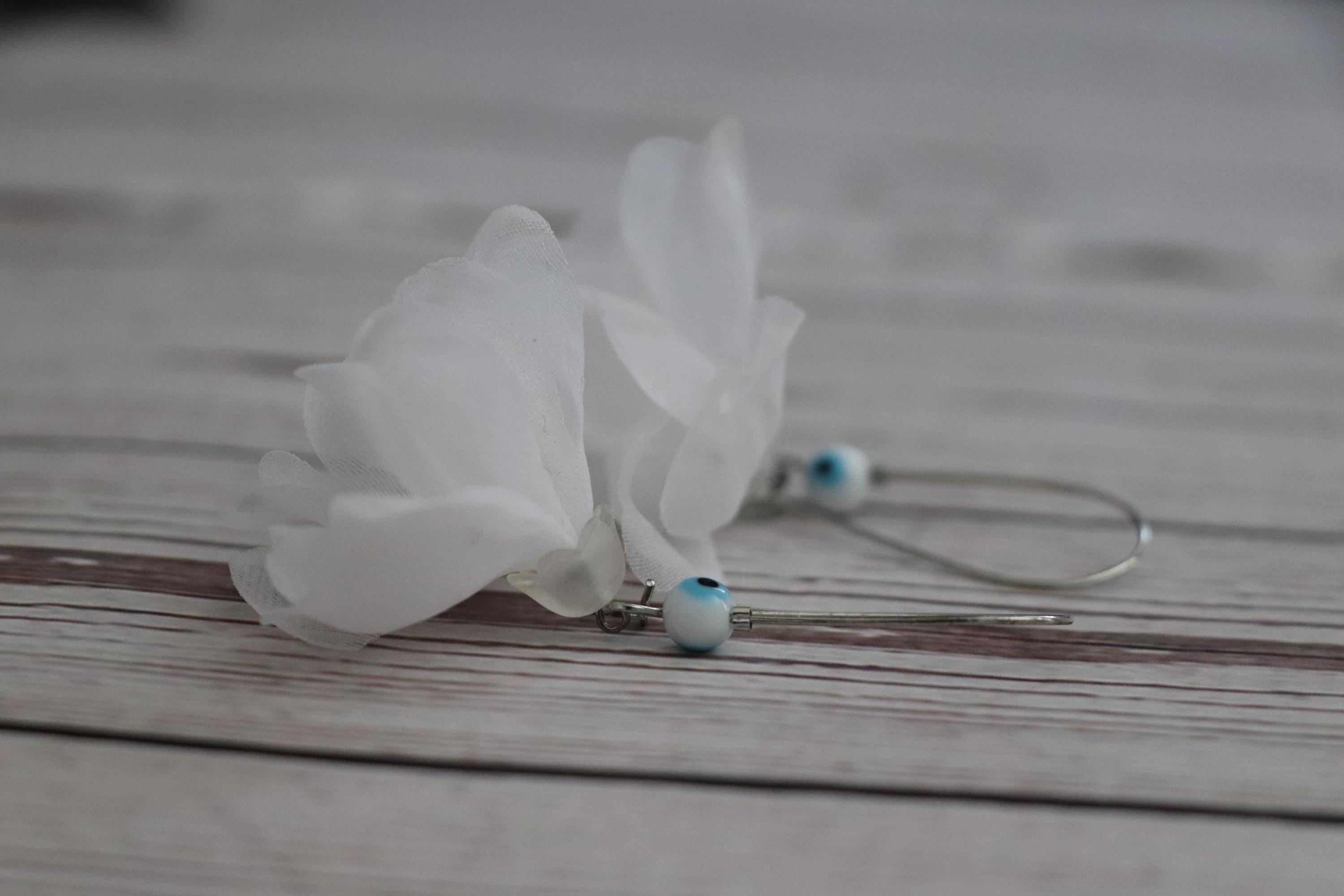 Handmade White Flower Earrings with Evil Eye