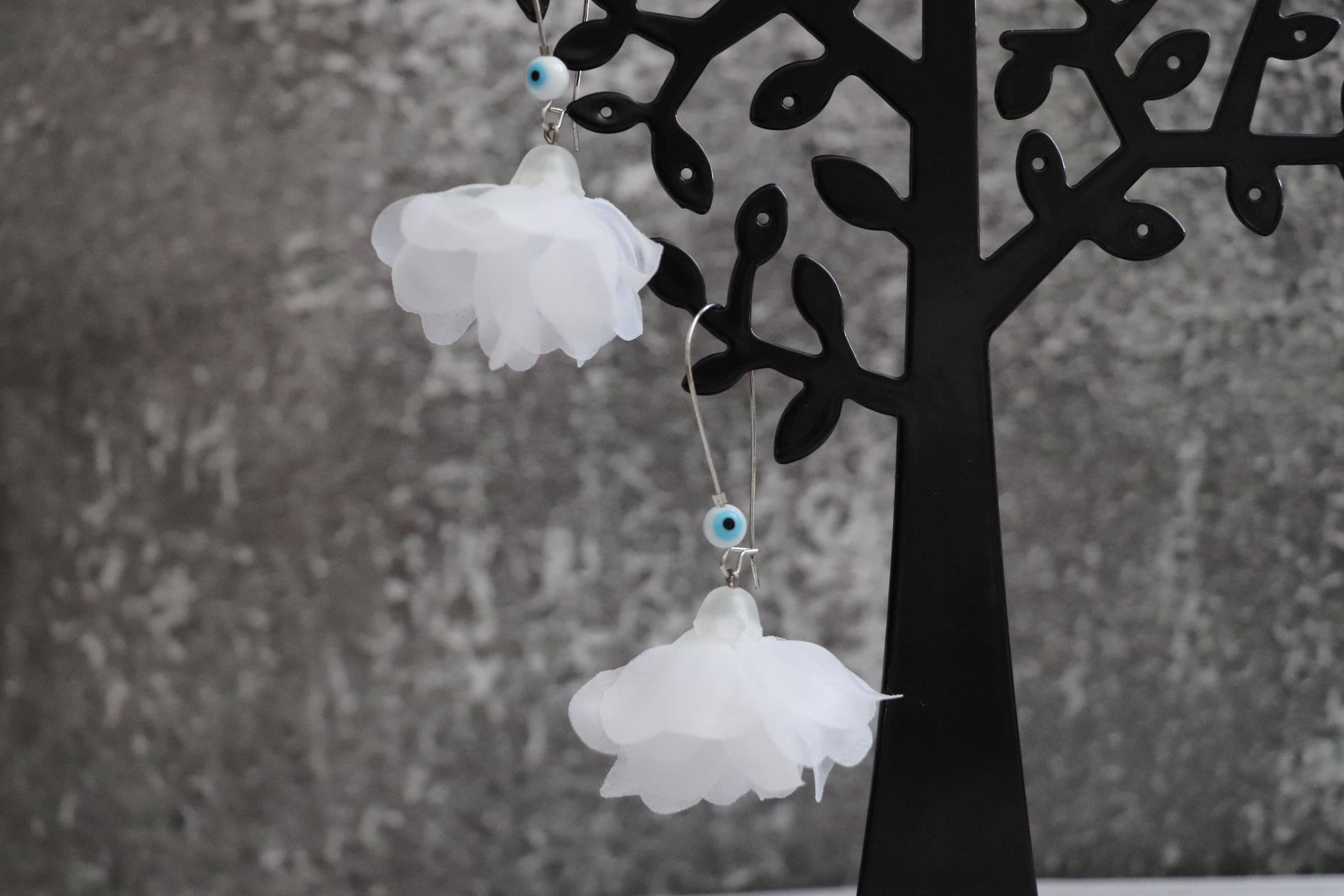 Handmade White Flower Earrings with Evil Eye