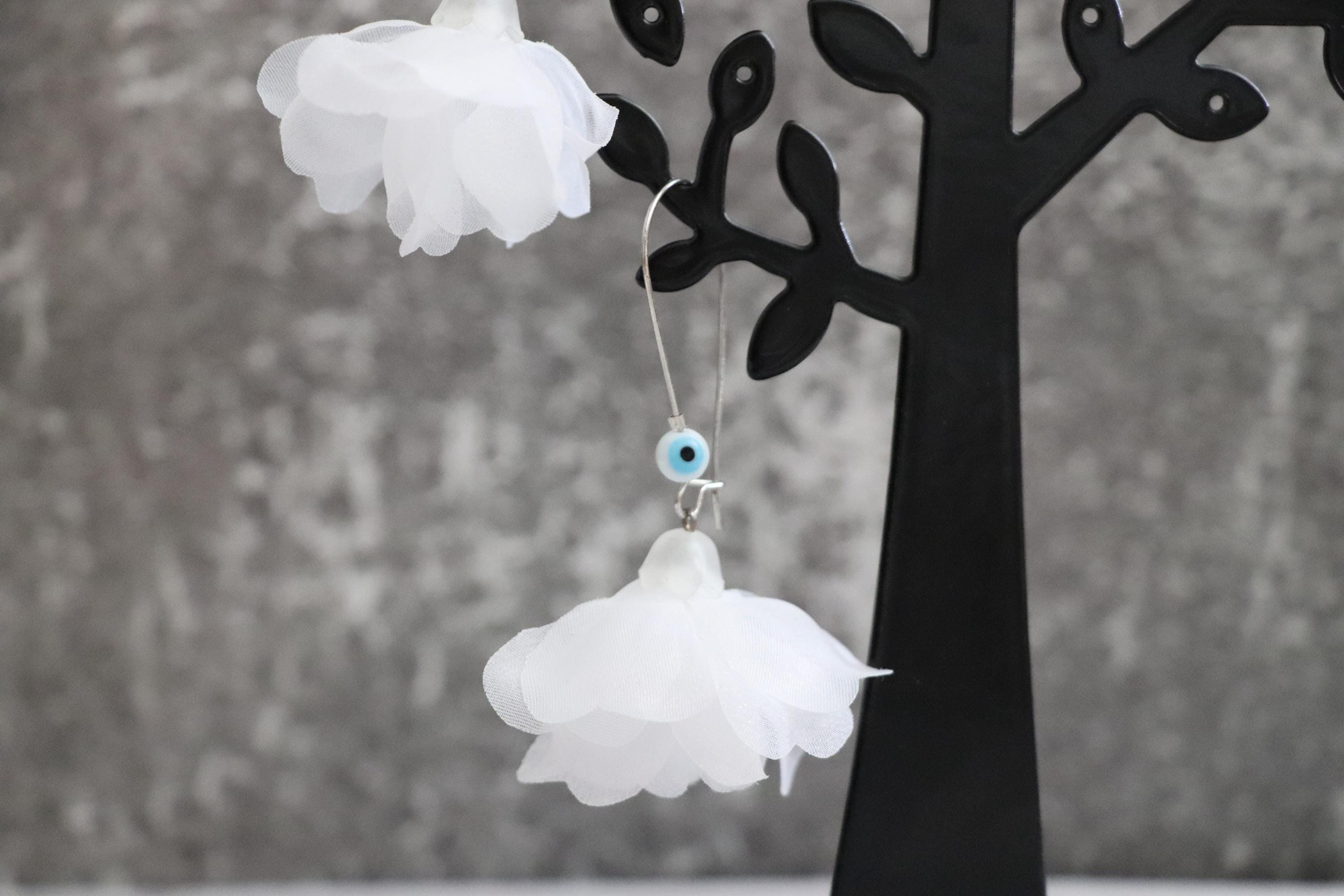 Handmade White Flower Earrings with Evil Eye