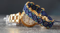 Handmade Women’s Macrame Bracelet Set Navy Blue with Gold & Light Green Beads