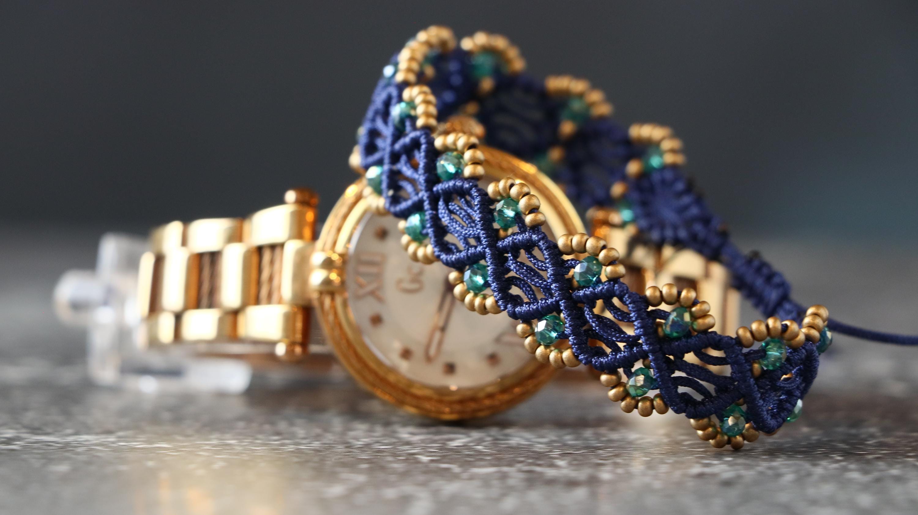 Handmade Women’s Macrame Bracelet Set Navy Blue with Gold & Light Green Beads