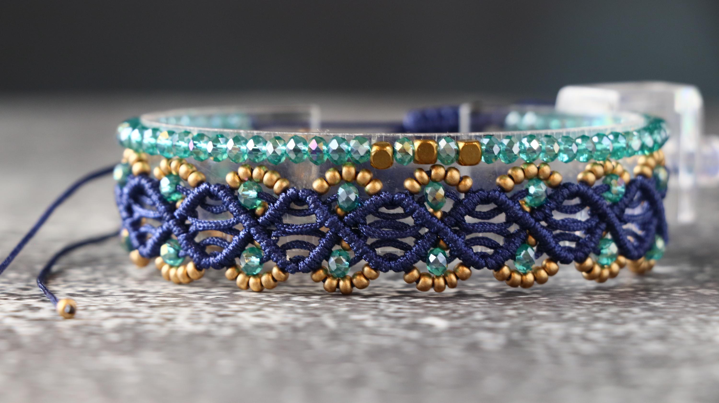 Handmade Women’s Macrame Bracelet Set Navy Blue with Gold & Light Green Beads