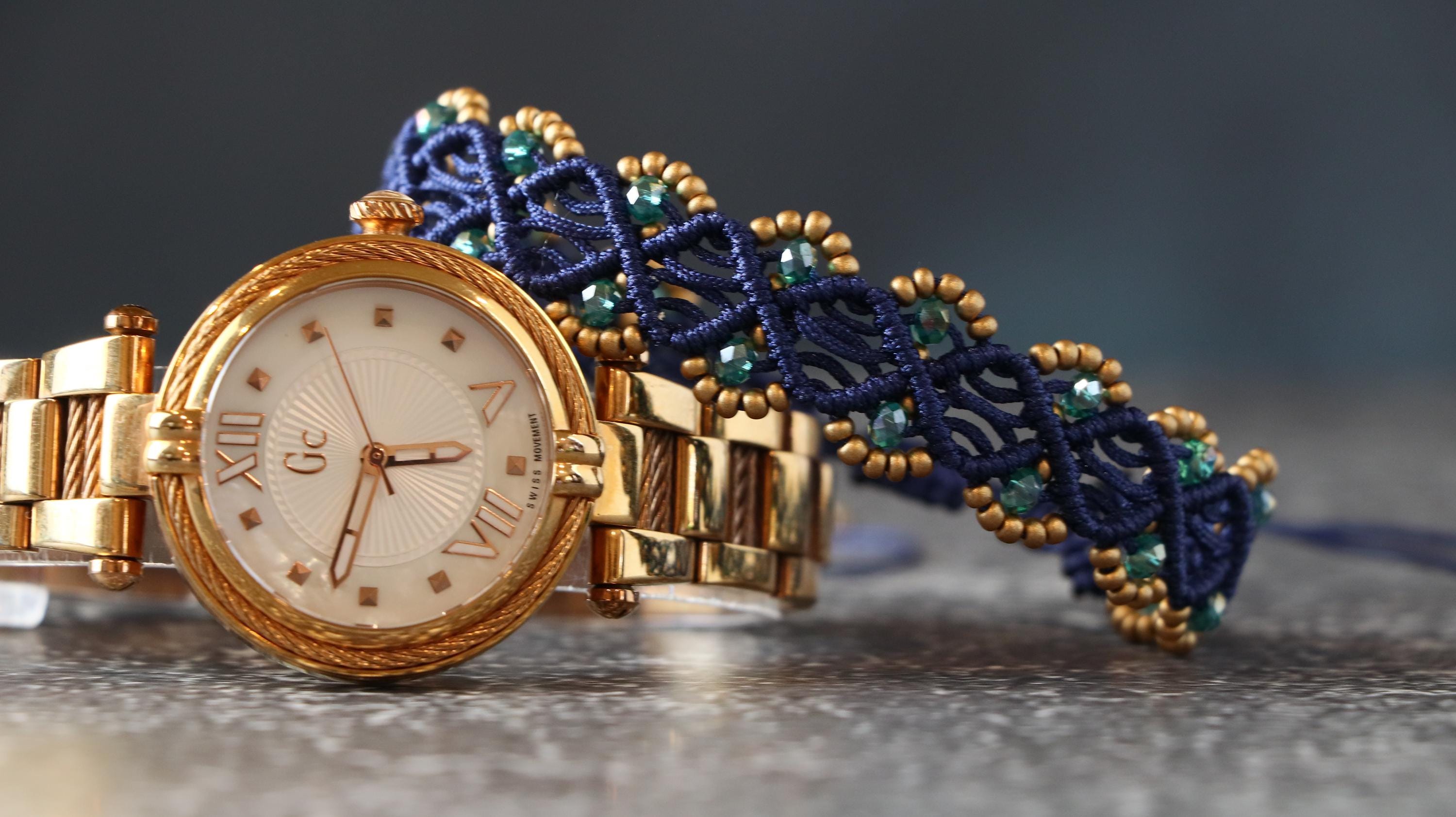 Handmade Women’s Macrame Bracelet Set Navy Blue with Gold & Light Green Beads
