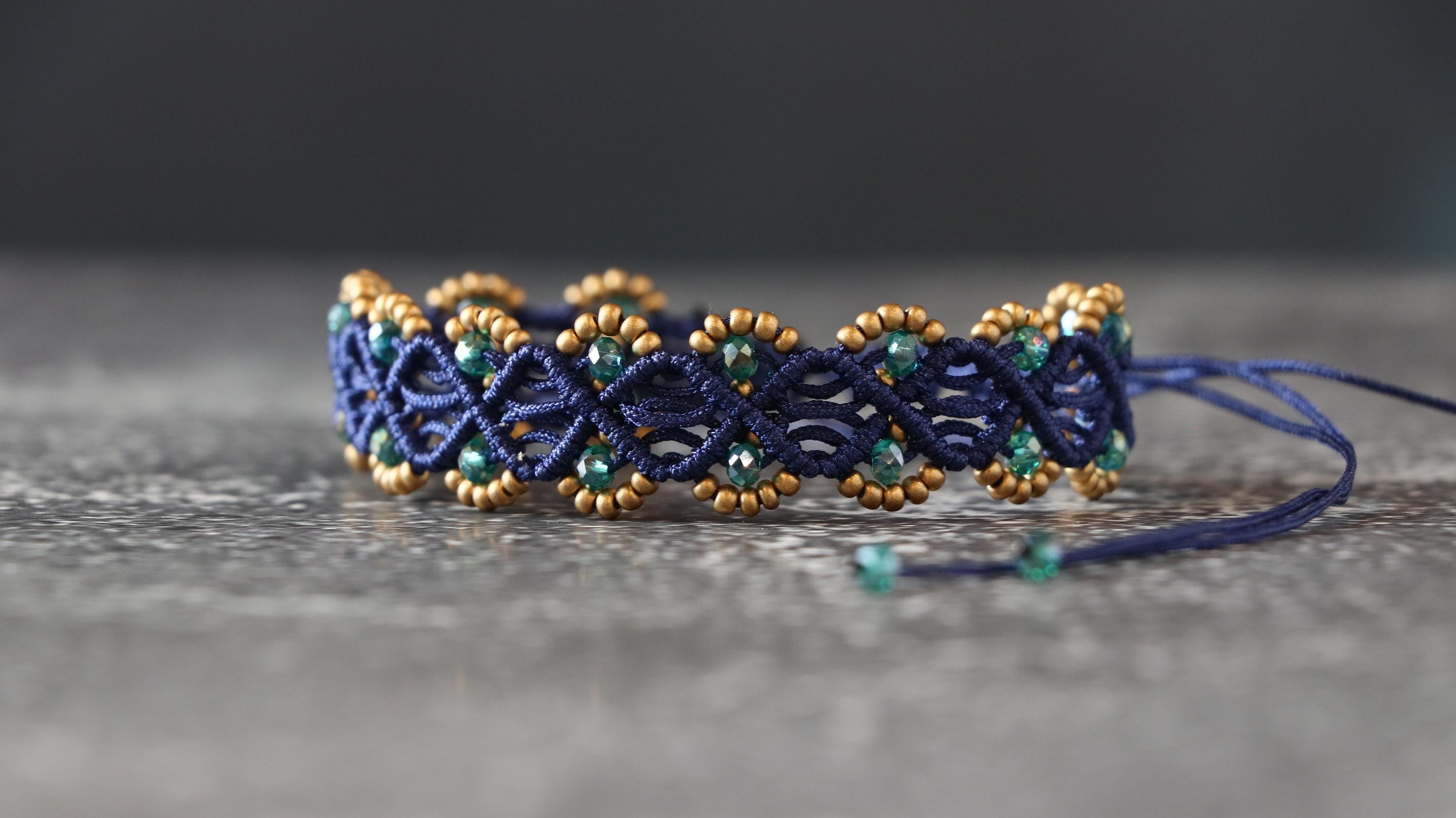 Handmade Women’s Macrame Bracelet Set Navy Blue with Gold & Light Green Beads
