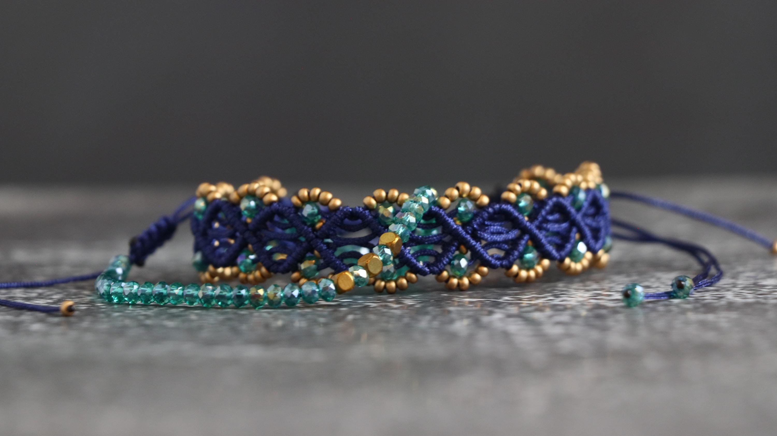 Handmade Women’s Macrame Bracelet Set Navy Blue with Gold & Light Green Beads
