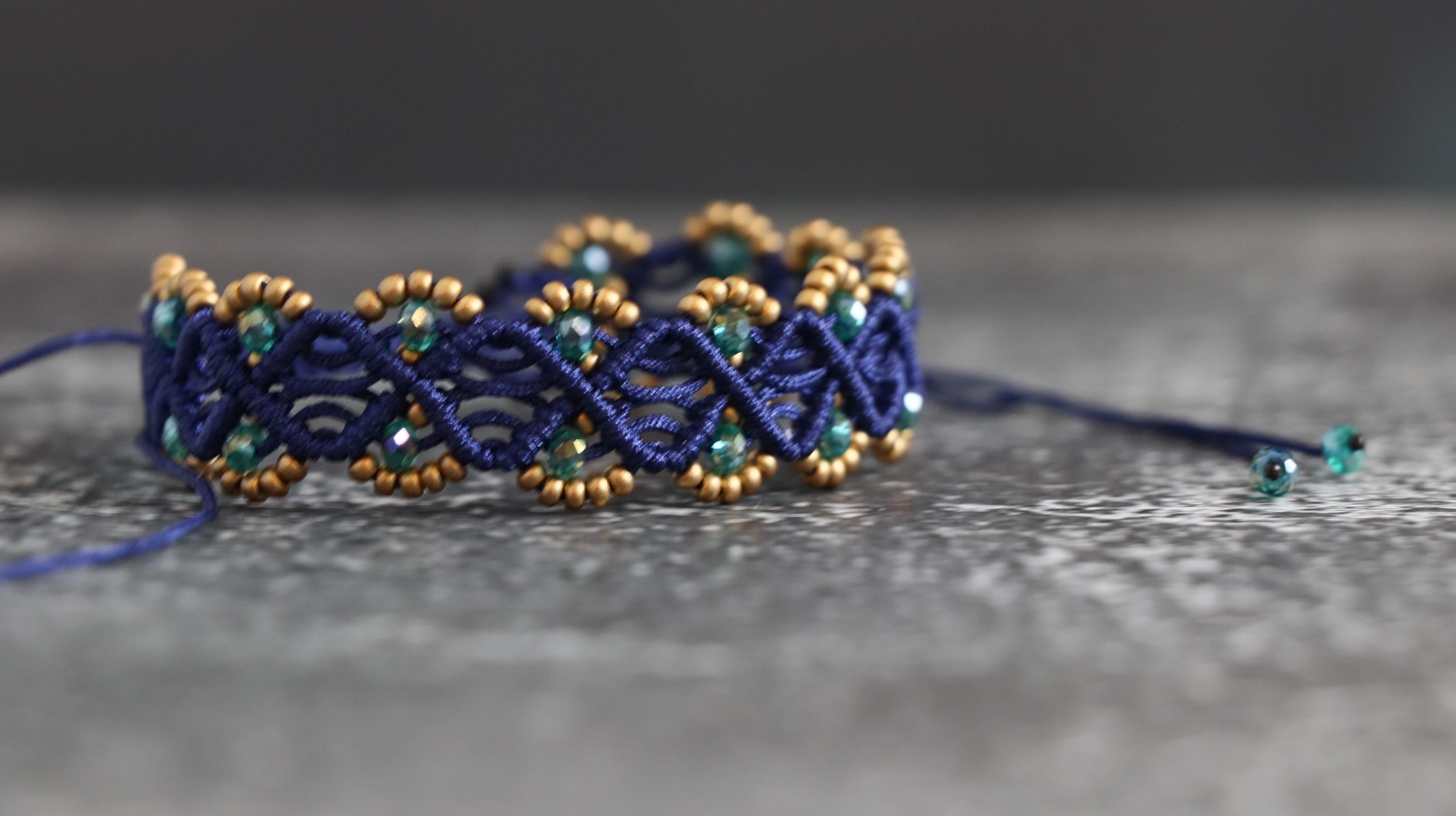 Handmade Women’s Macrame Bracelet Set Navy Blue with Gold & Light Green Beads
