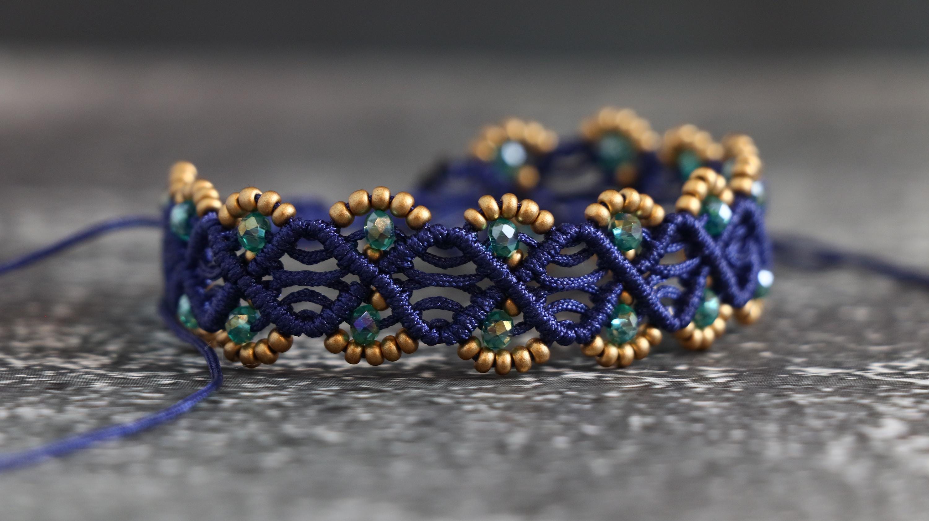 Handmade Women’s Macrame Bracelet Set Navy Blue with Gold & Light Green Beads