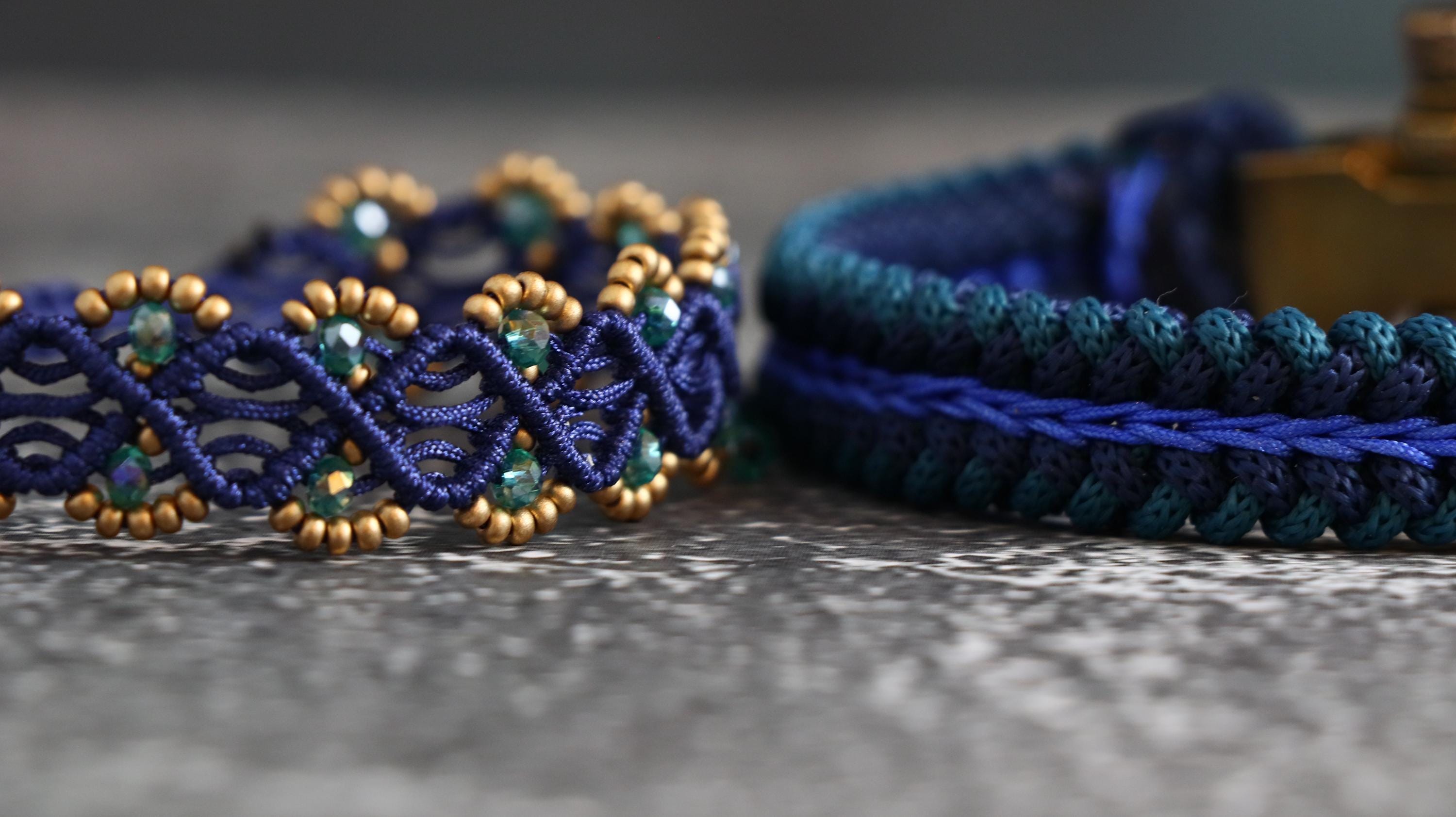 Handmade Women’s Macrame Bracelet Set Navy Blue with Gold & Light Green Beads
