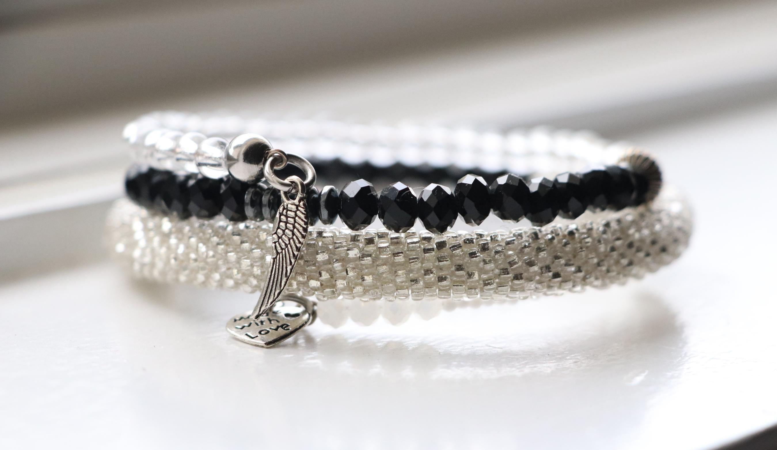 Layered Black and White Bracelet – Handmade with Silver Beads, Crochet & Wire Design
