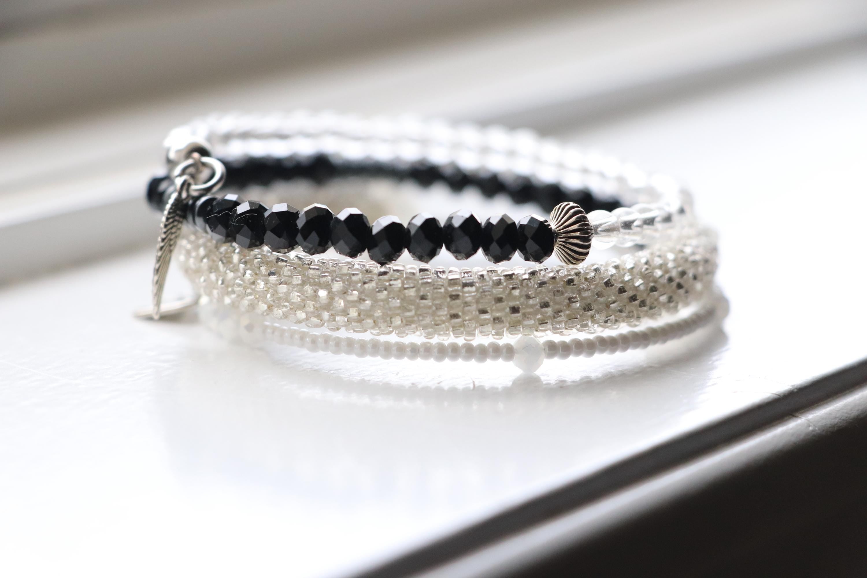 Layered Black and White Bracelet – Handmade with Silver Beads, Crochet & Wire Design