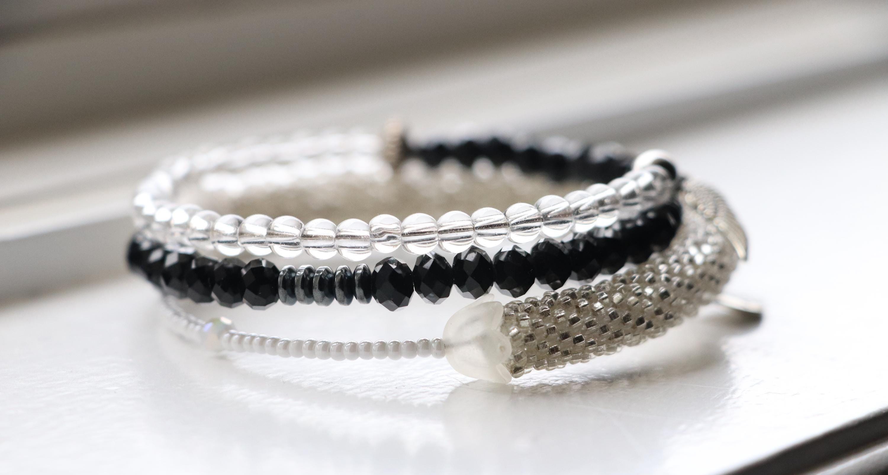 Layered Black and White Bracelet – Handmade with Silver Beads, Crochet & Wire Design
