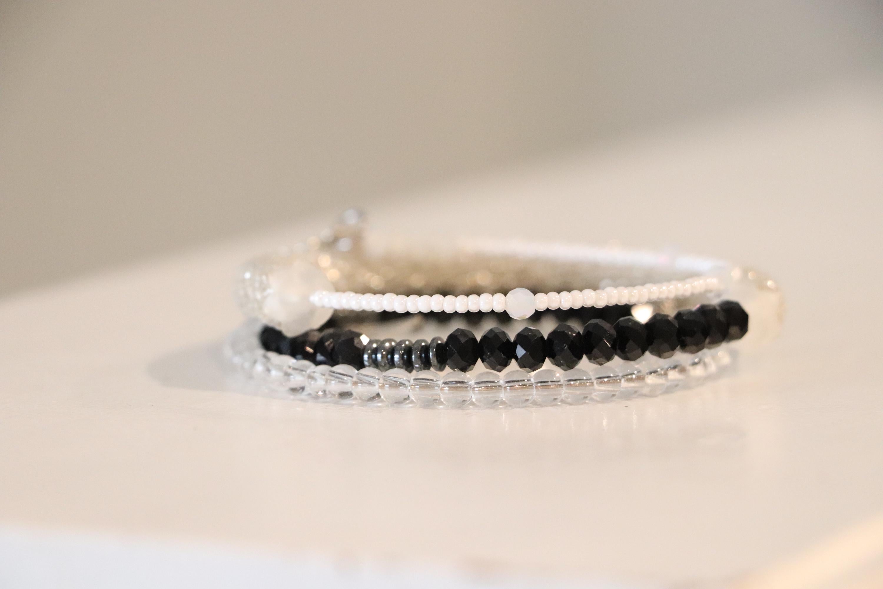Layered Black and White Bracelet – Handmade with Silver Beads, Crochet & Wire Design