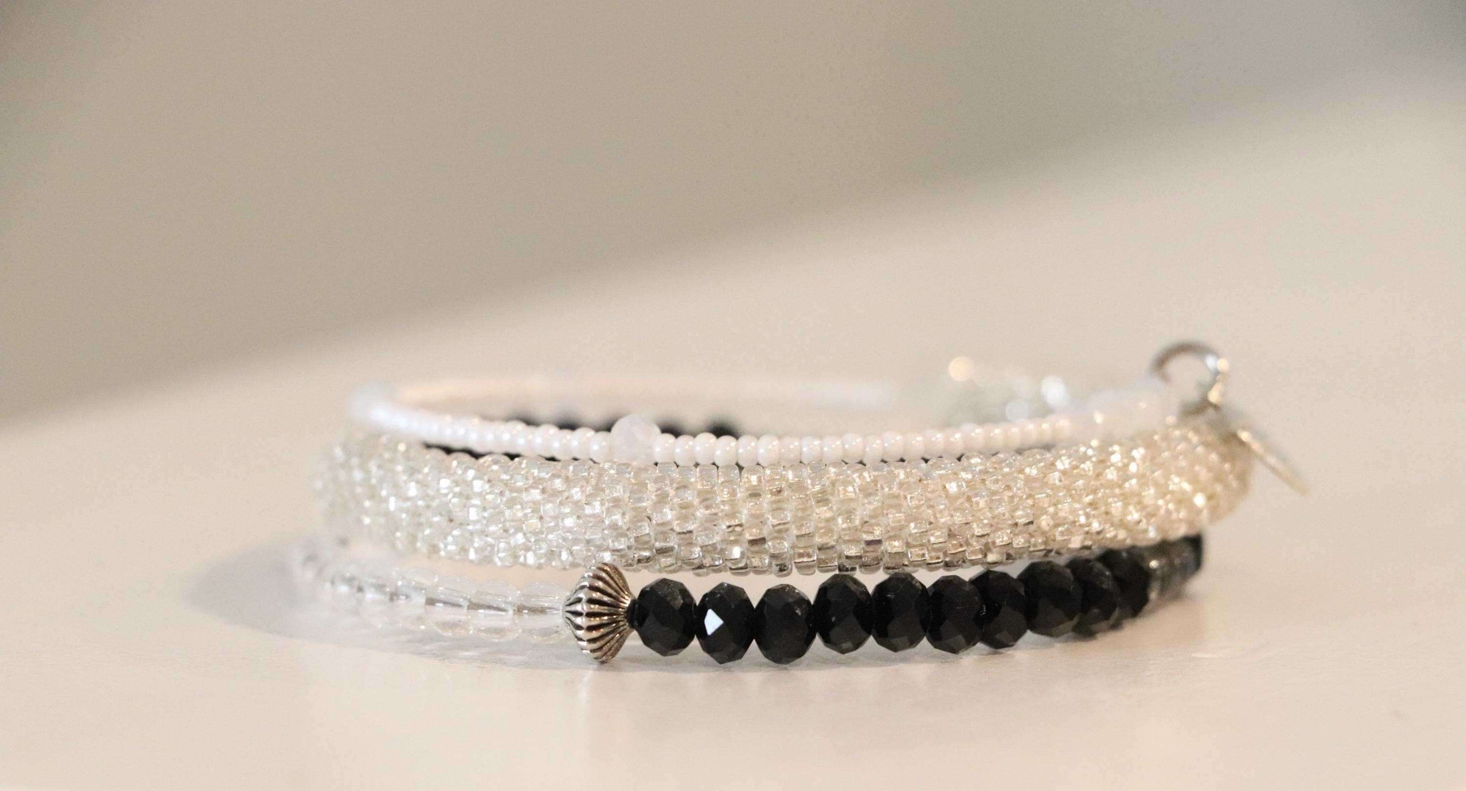 Layered Black and White Bracelet – Handmade with Silver Beads, Crochet & Wire Design