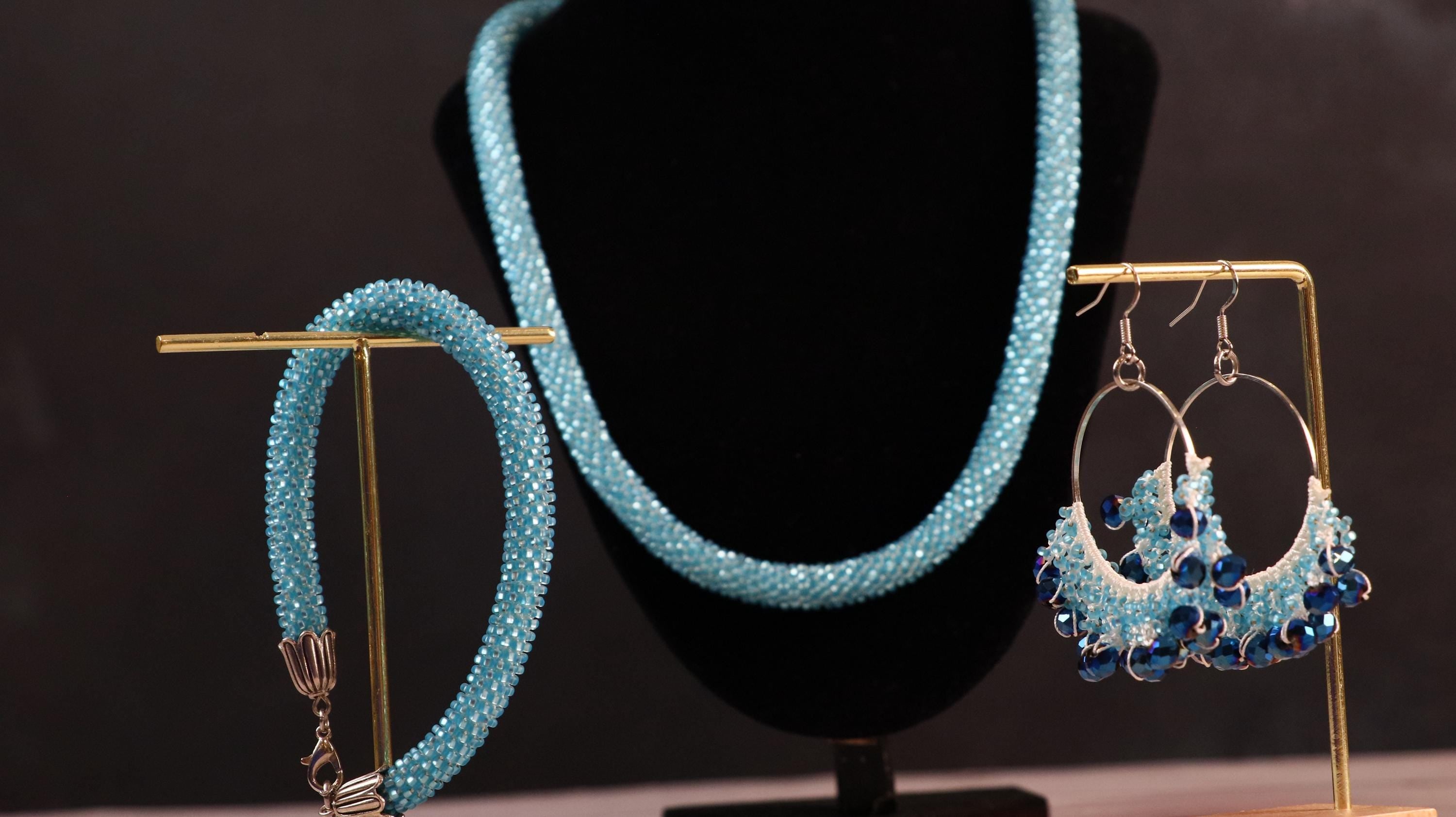 Light Blue Jewelry Set for Women Beaded Necklace Bracelet and Earrings Set