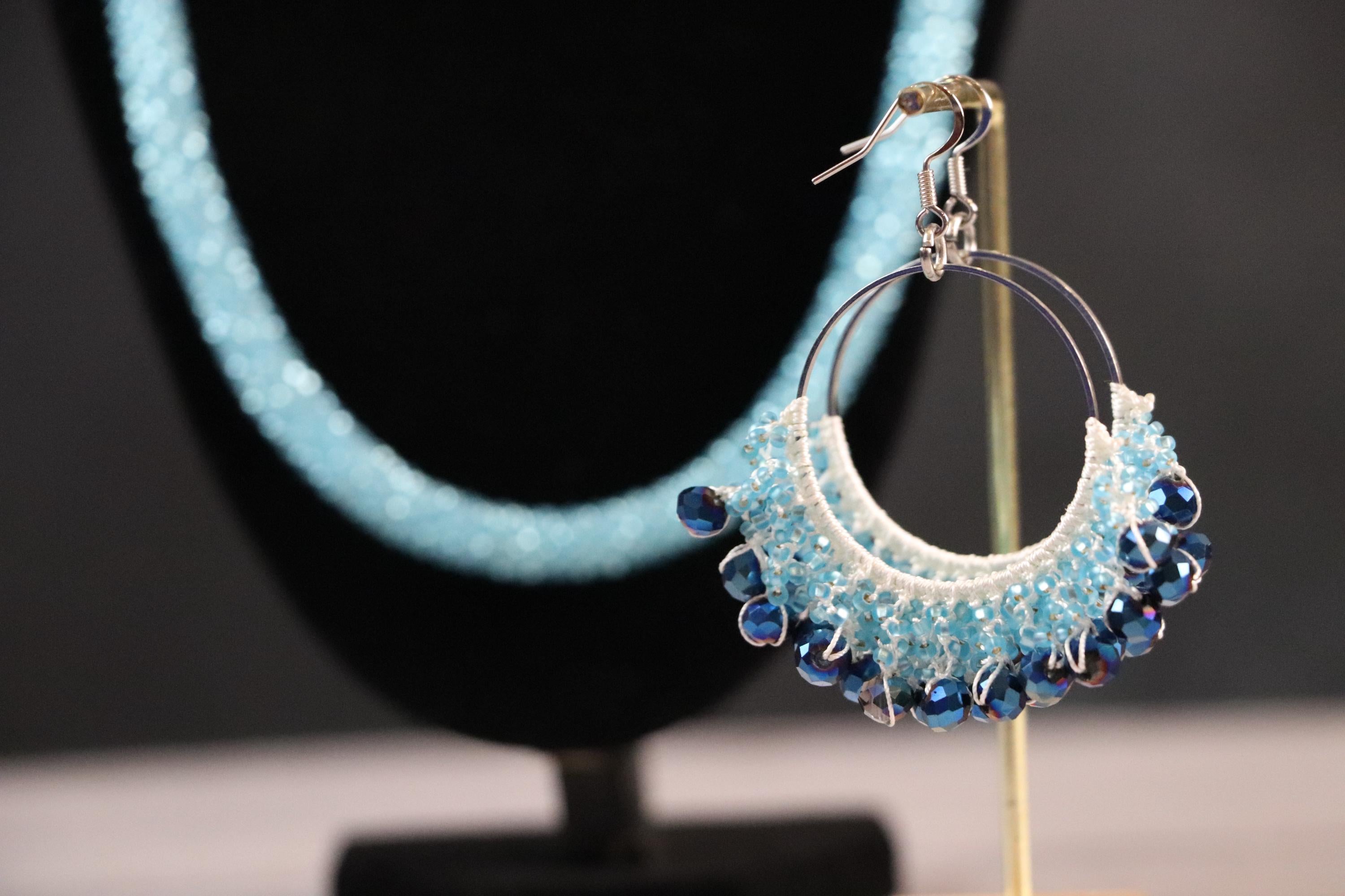 Light Blue Jewelry Set for Women Beaded Necklace Bracelet and Earrings Set