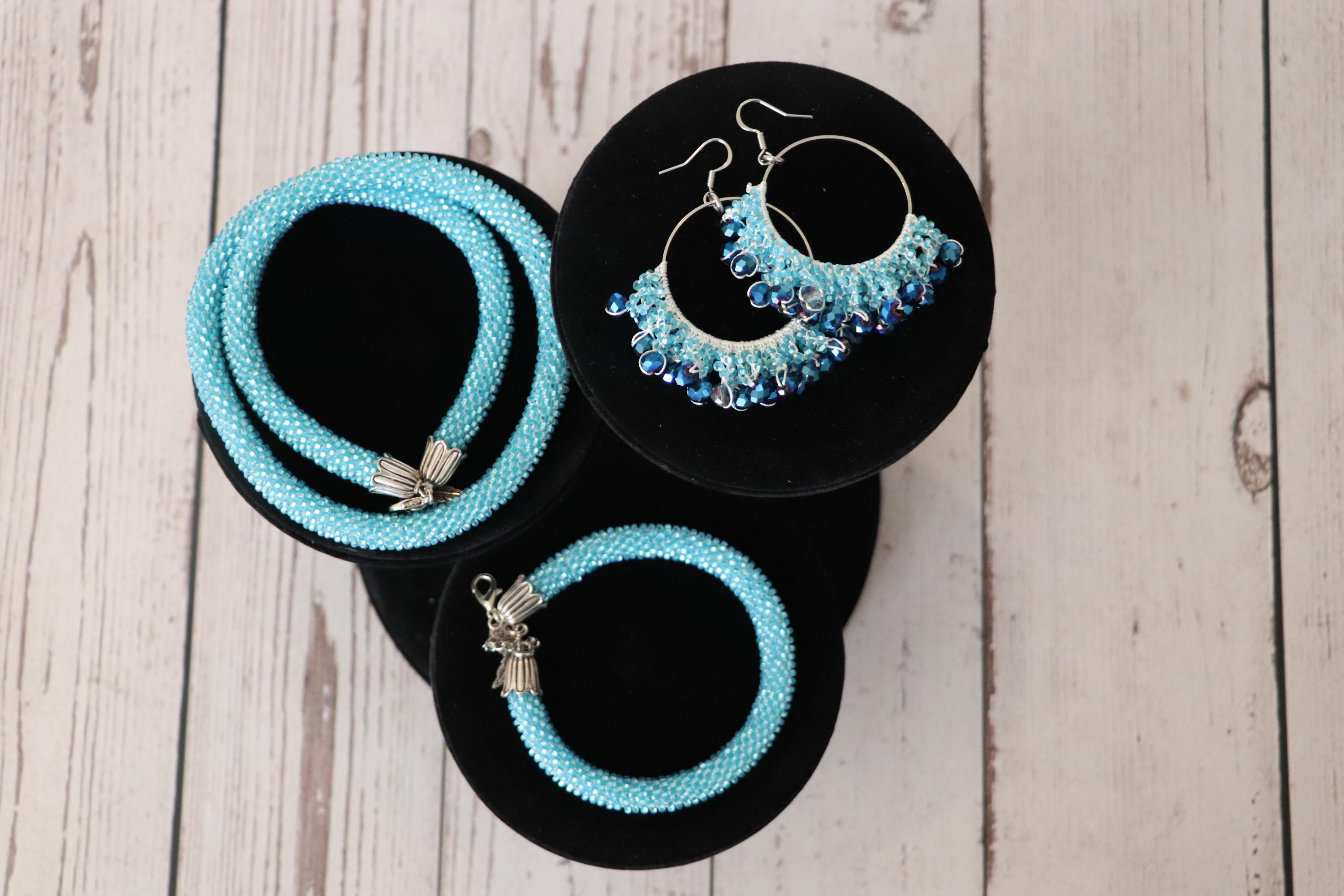 Light Blue Jewelry Set for Women Beaded Necklace Bracelet and Earrings Set