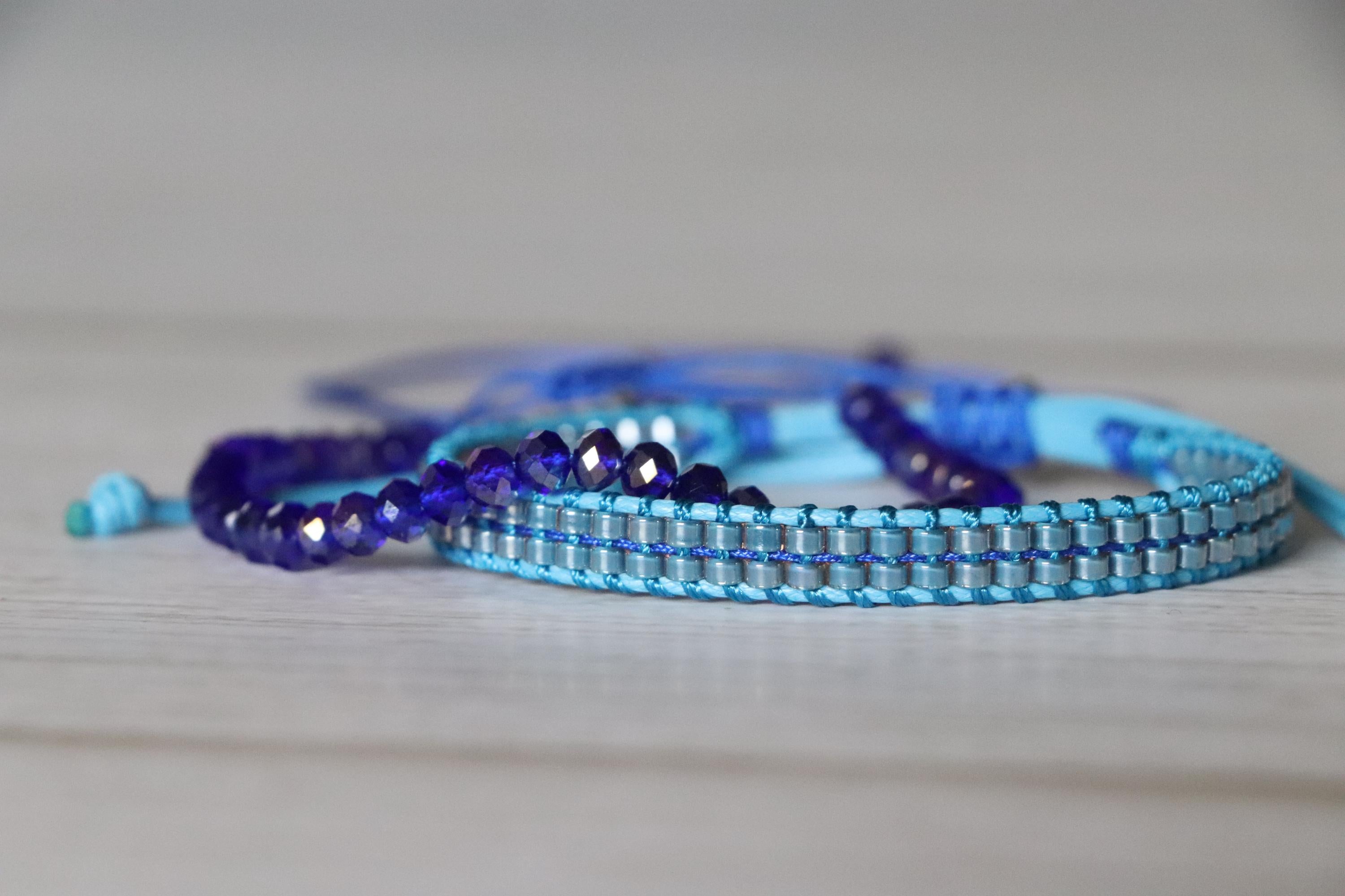 Light Blue Woven Bracelet & Dark Blue Crystal Bead Bracelet – Handmade Elegant Bracelet Set