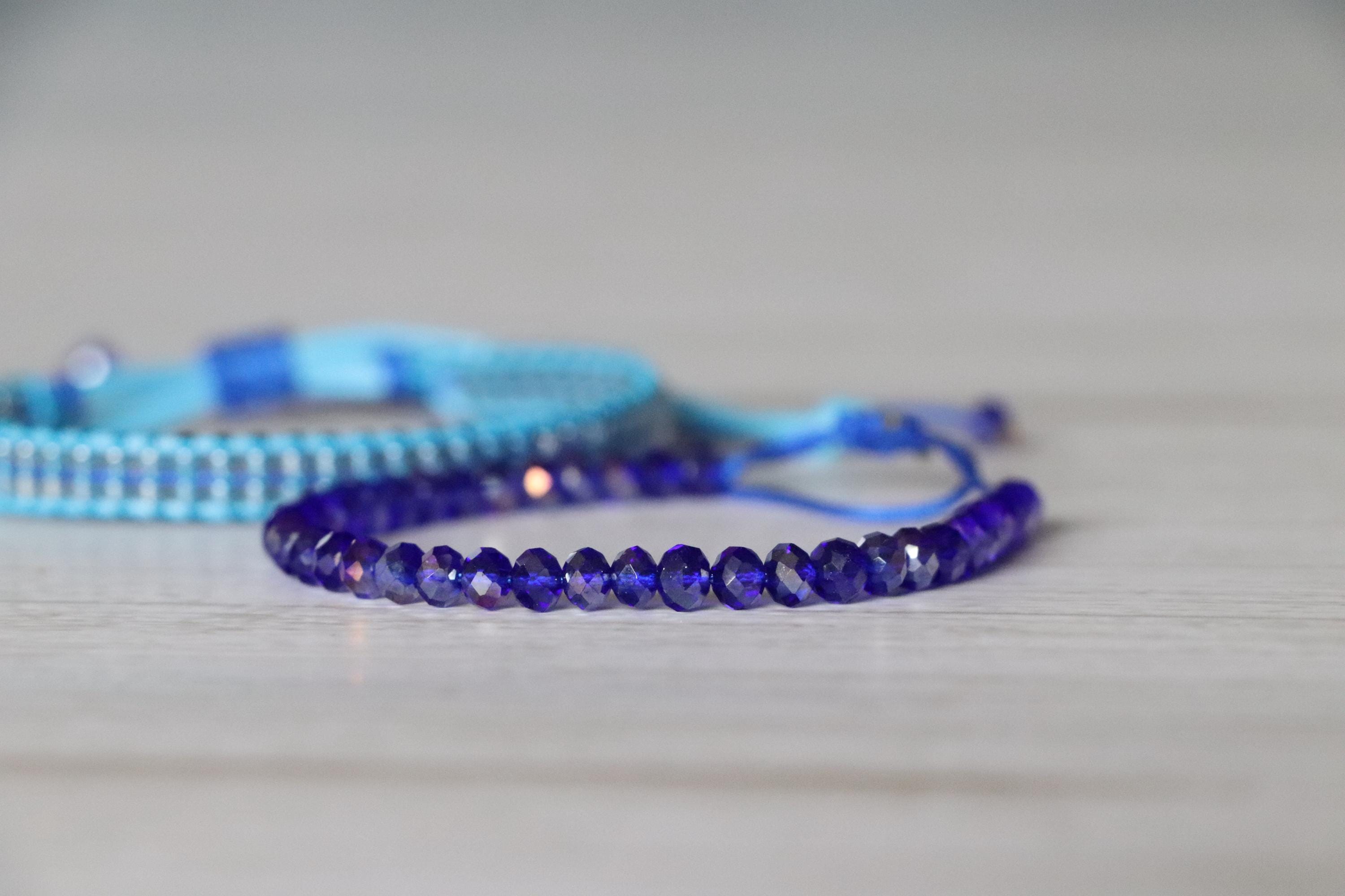 Light Blue Woven Bracelet & Dark Blue Crystal Bead Bracelet – Handmade Elegant Bracelet Set