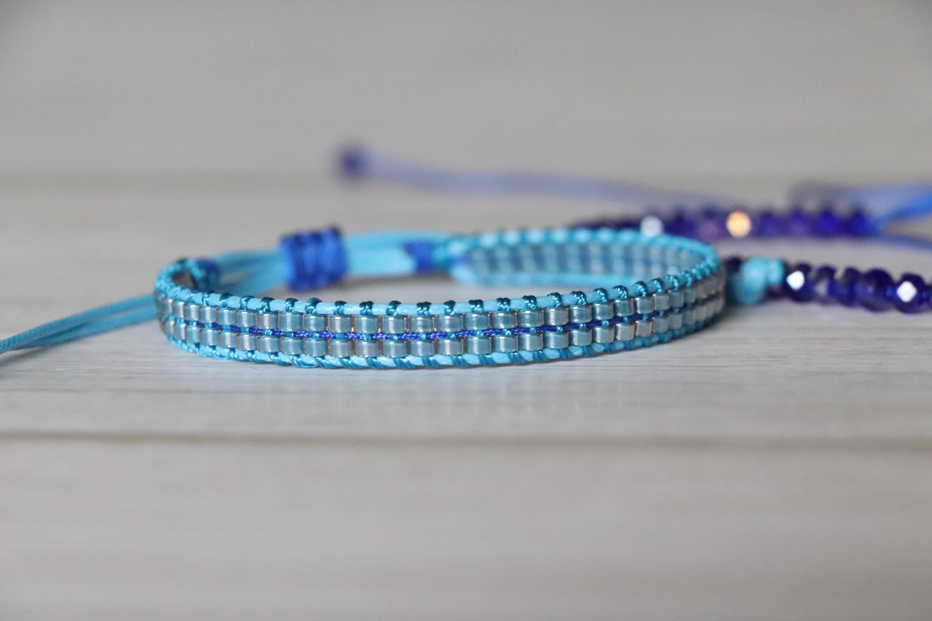 Light Blue Woven Bracelet & Dark Blue Crystal Bead Bracelet – Handmade Elegant Bracelet Set
