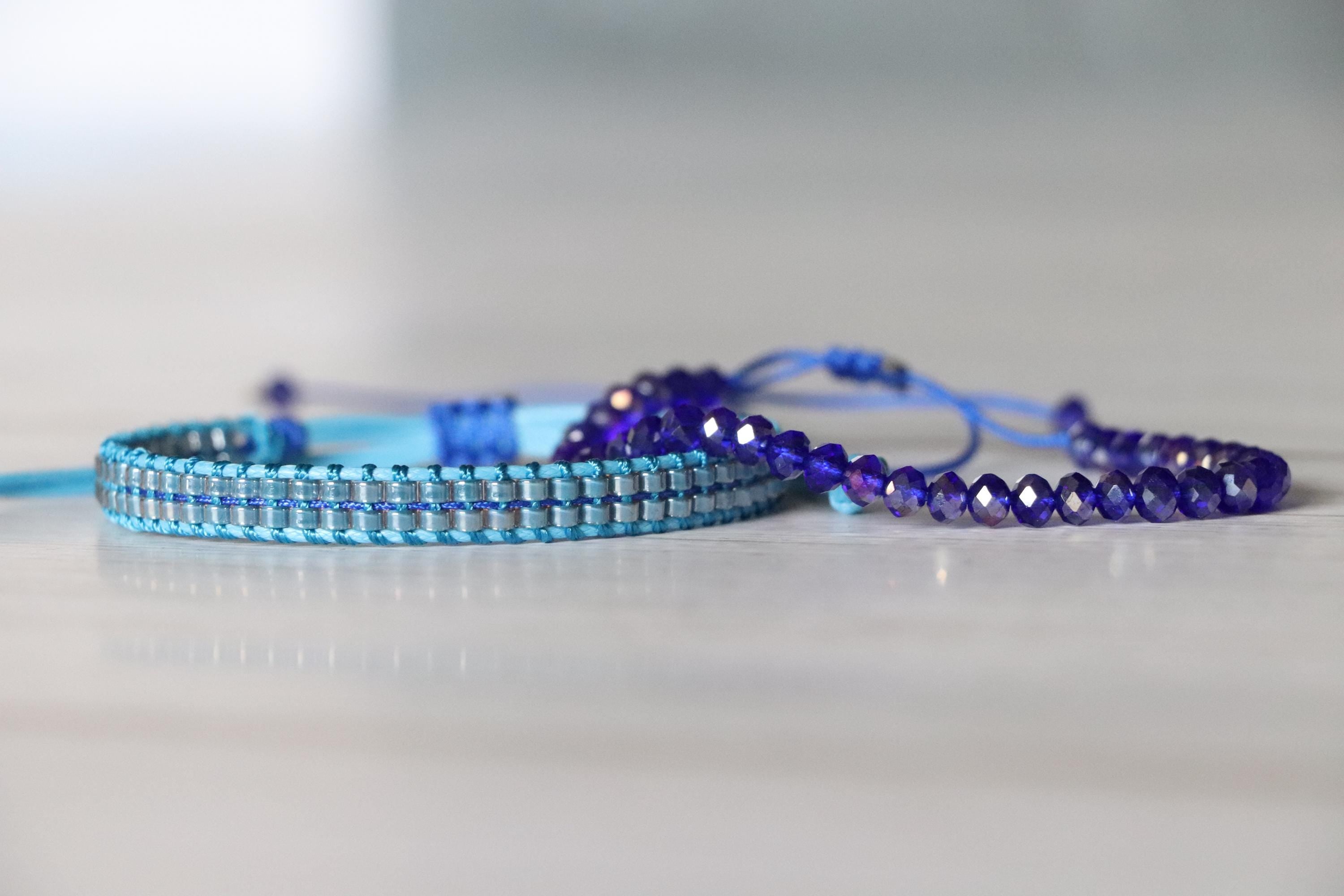 Light Blue Woven Bracelet & Dark Blue Crystal Bead Bracelet – Handmade Elegant Bracelet Set