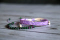 Lilac & Green Beaded Bracelet Set 03 Handmade Needlework - Crystal Beads  2-Piece Unique Combo