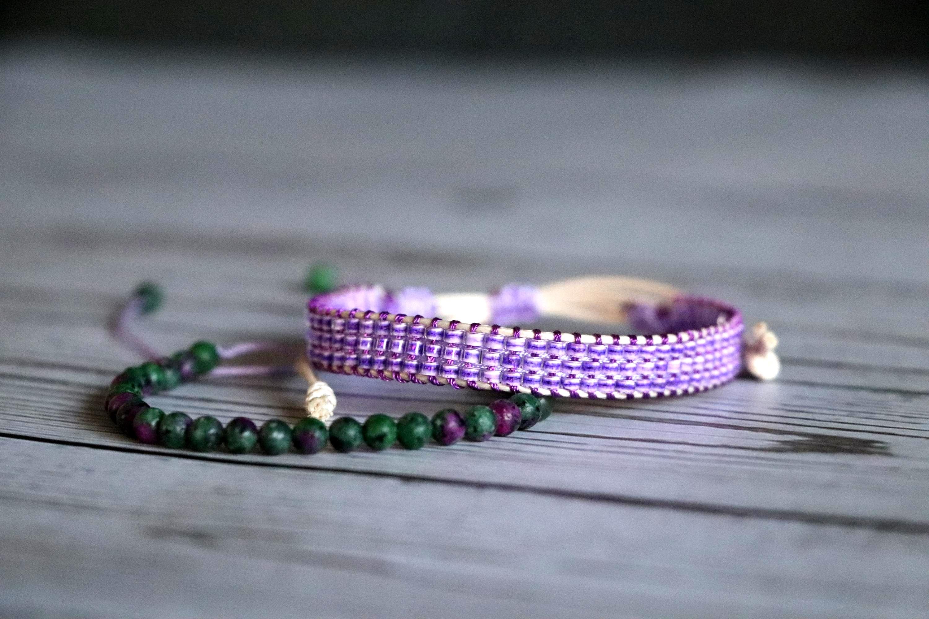 Lilac & Green Beaded Bracelet Set 03 Handmade Needlework - Crystal Beads  2-Piece Unique Combo