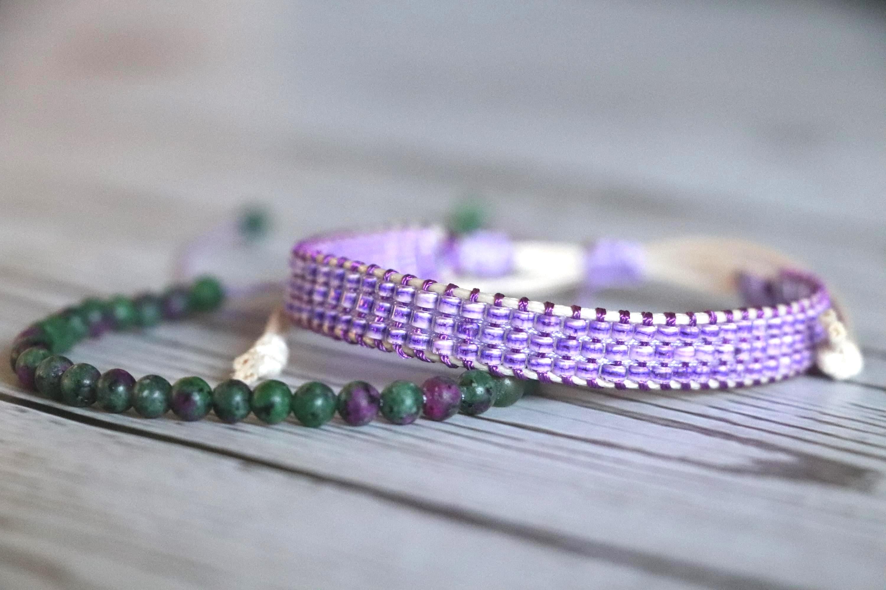 Lilac & Green Beaded Bracelet Set 03 Handmade Needlework - Crystal Beads  2-Piece Unique Combo