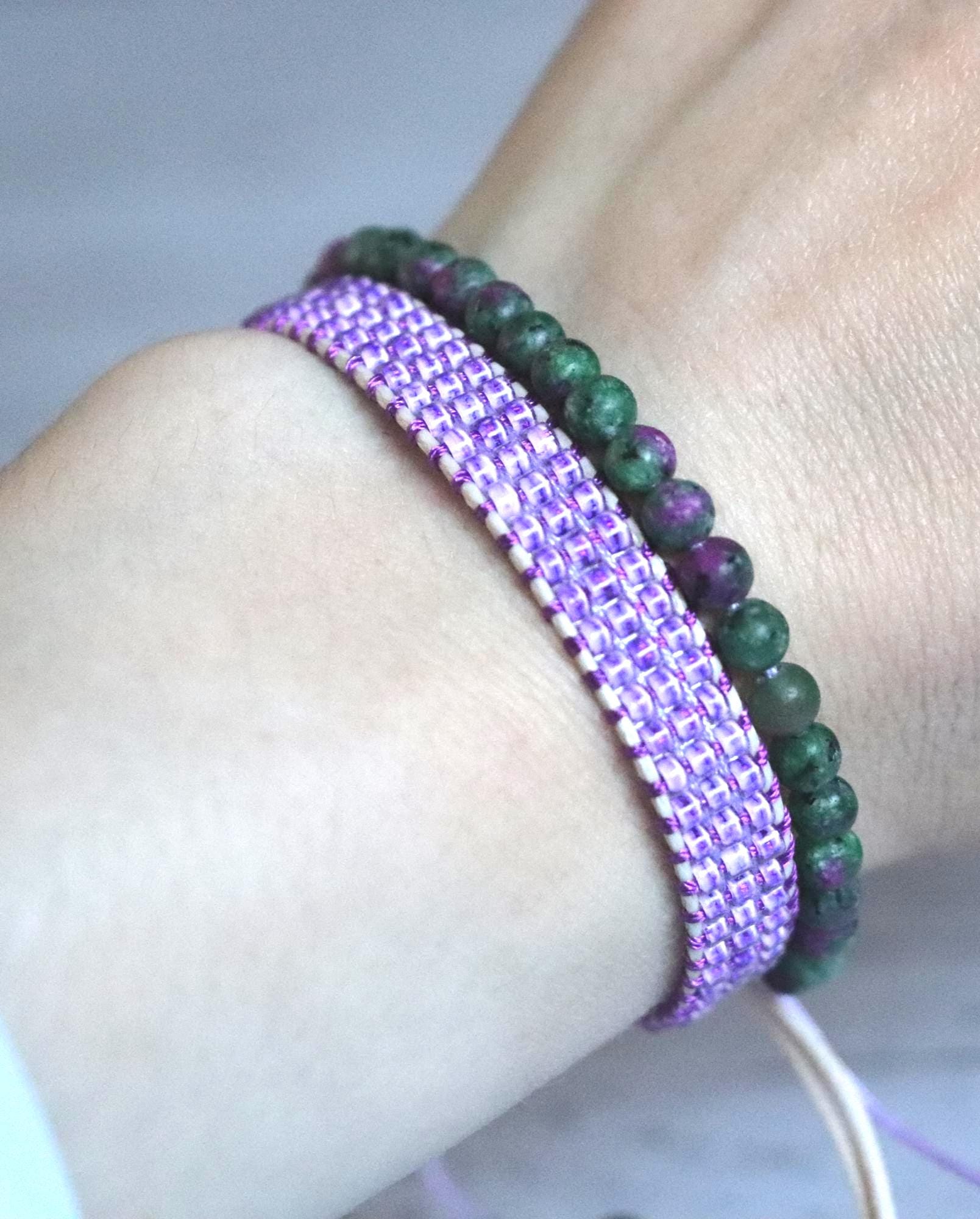 Lilac & Green Beaded Bracelet Set 03 Handmade Needlework - Crystal Beads  2-Piece Unique Combo