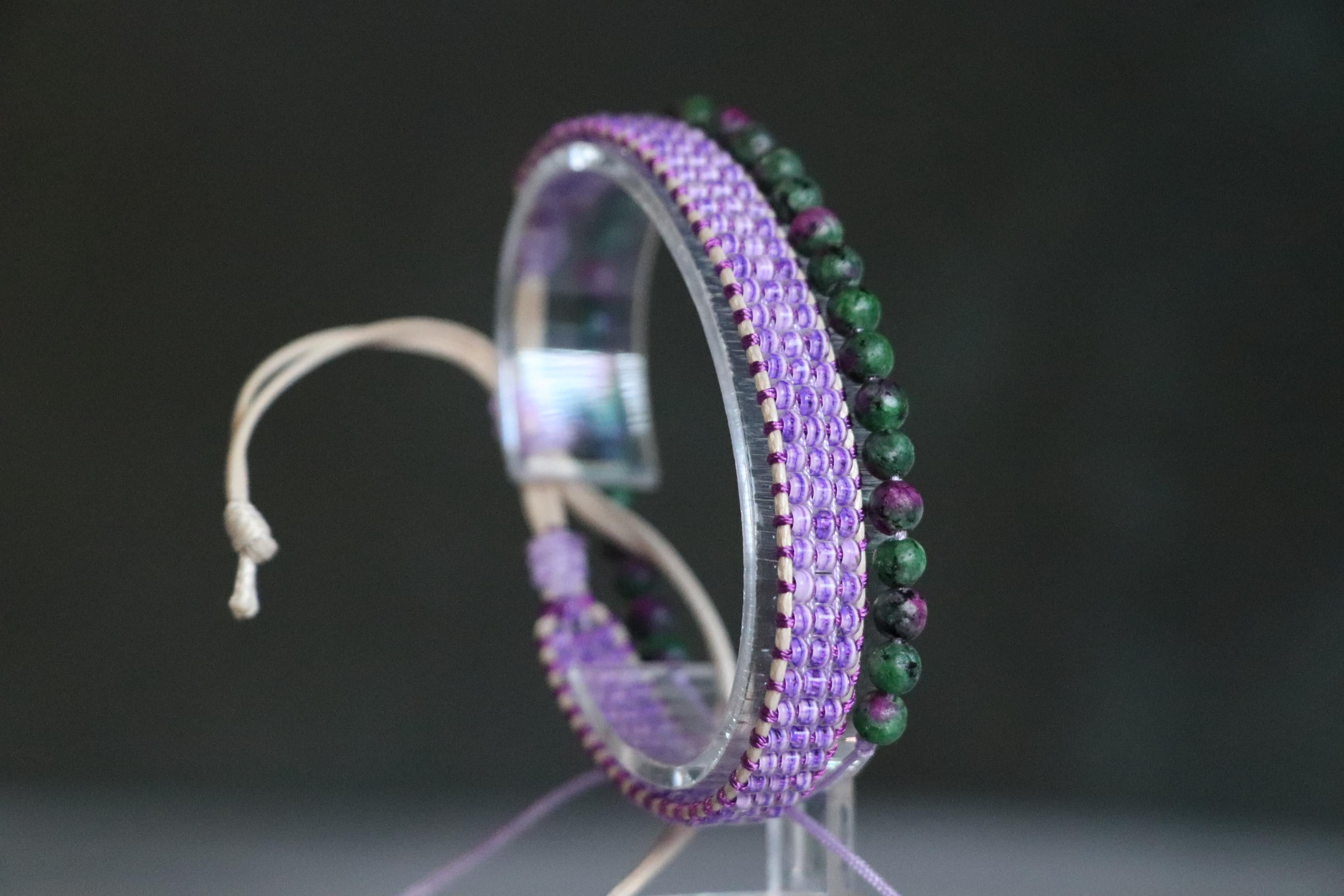 Lilac & Green Beaded Bracelet Set 03 Handmade Needlework - Crystal Beads  2-Piece Unique Combo