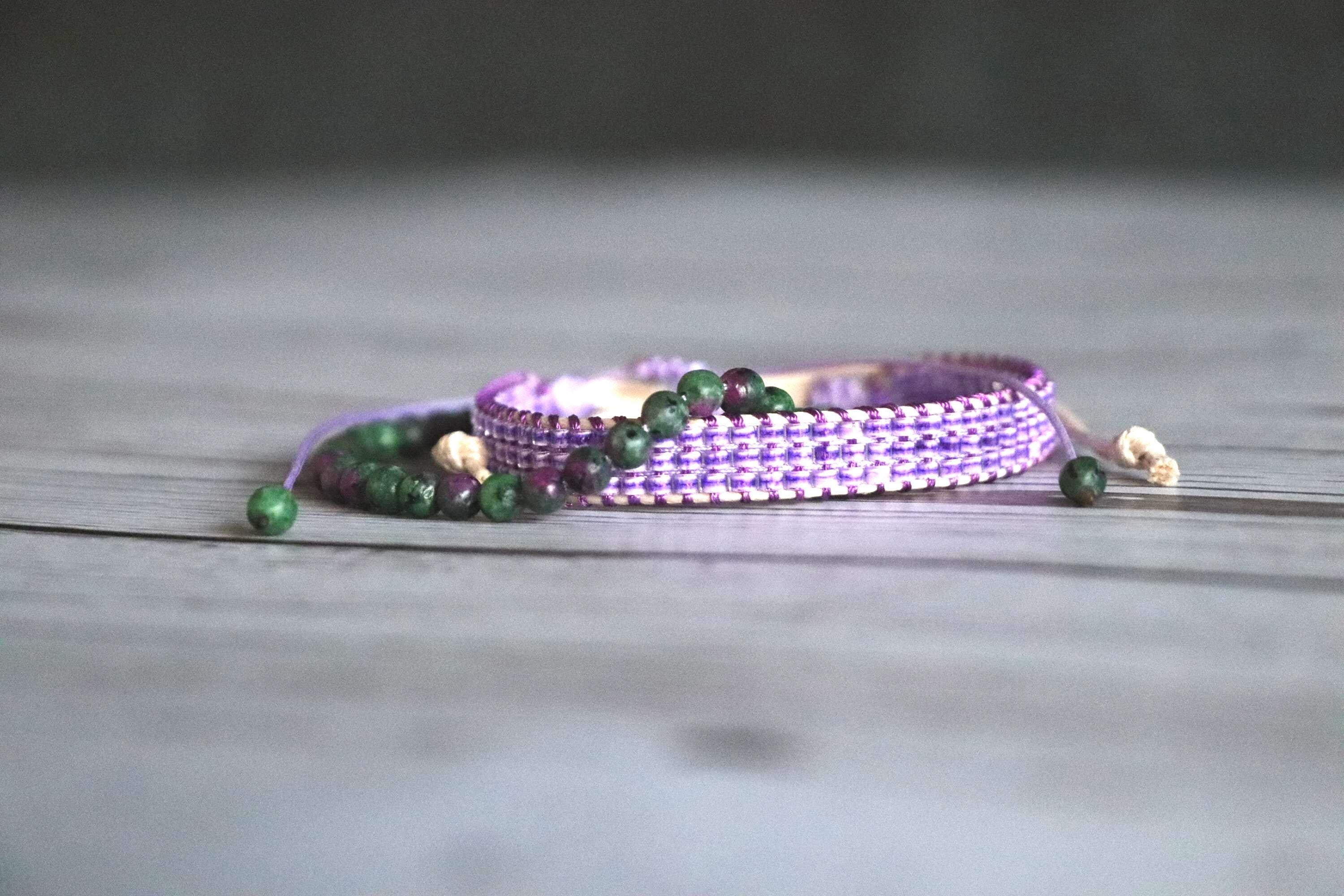 Lilac & Green Beaded Bracelet Set 03 Handmade Needlework - Crystal Beads  2-Piece Unique Combo