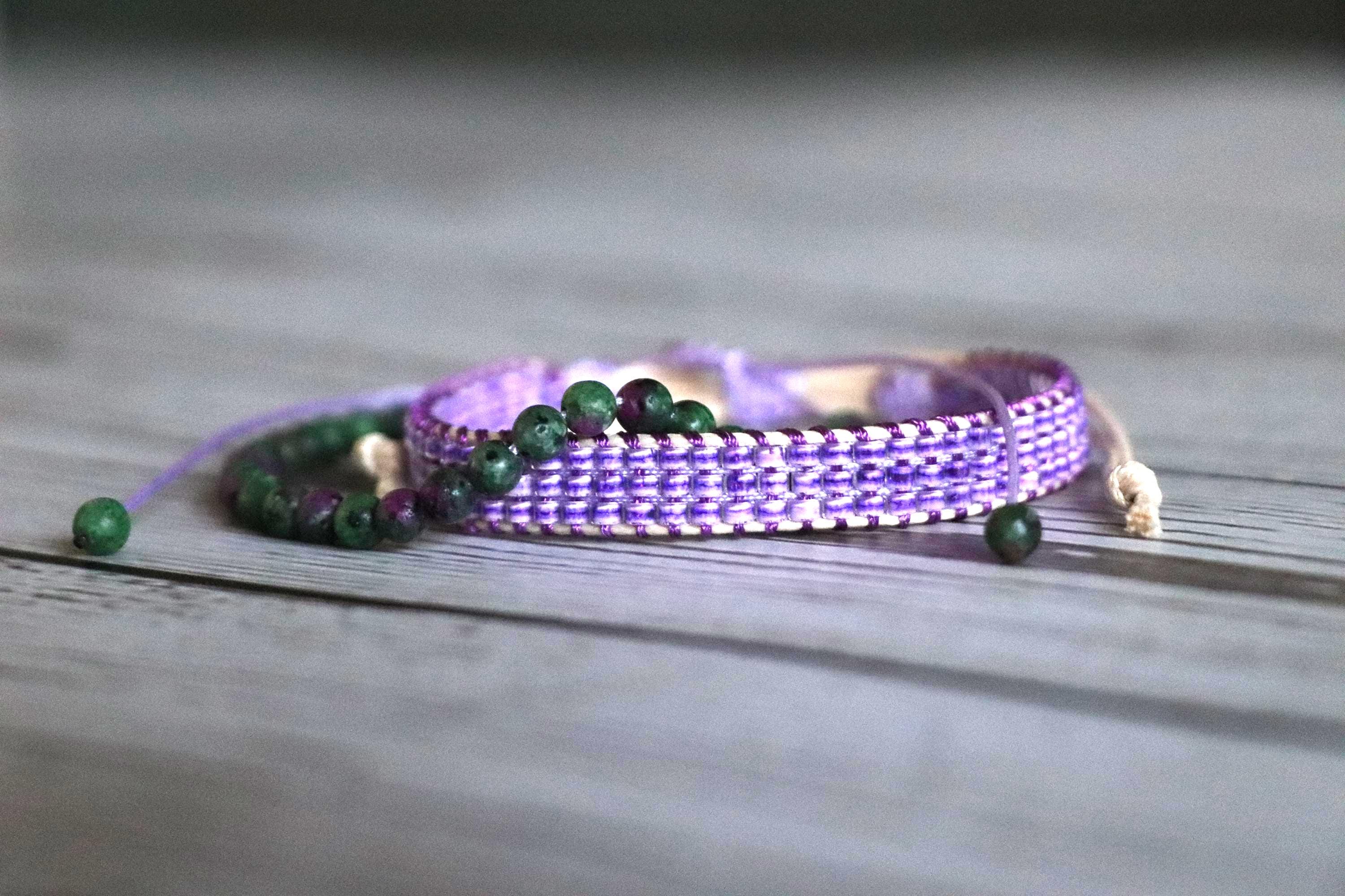 Lilac & Green Beaded Bracelet Set 03 Handmade Needlework - Crystal Beads  2-Piece Unique Combo
