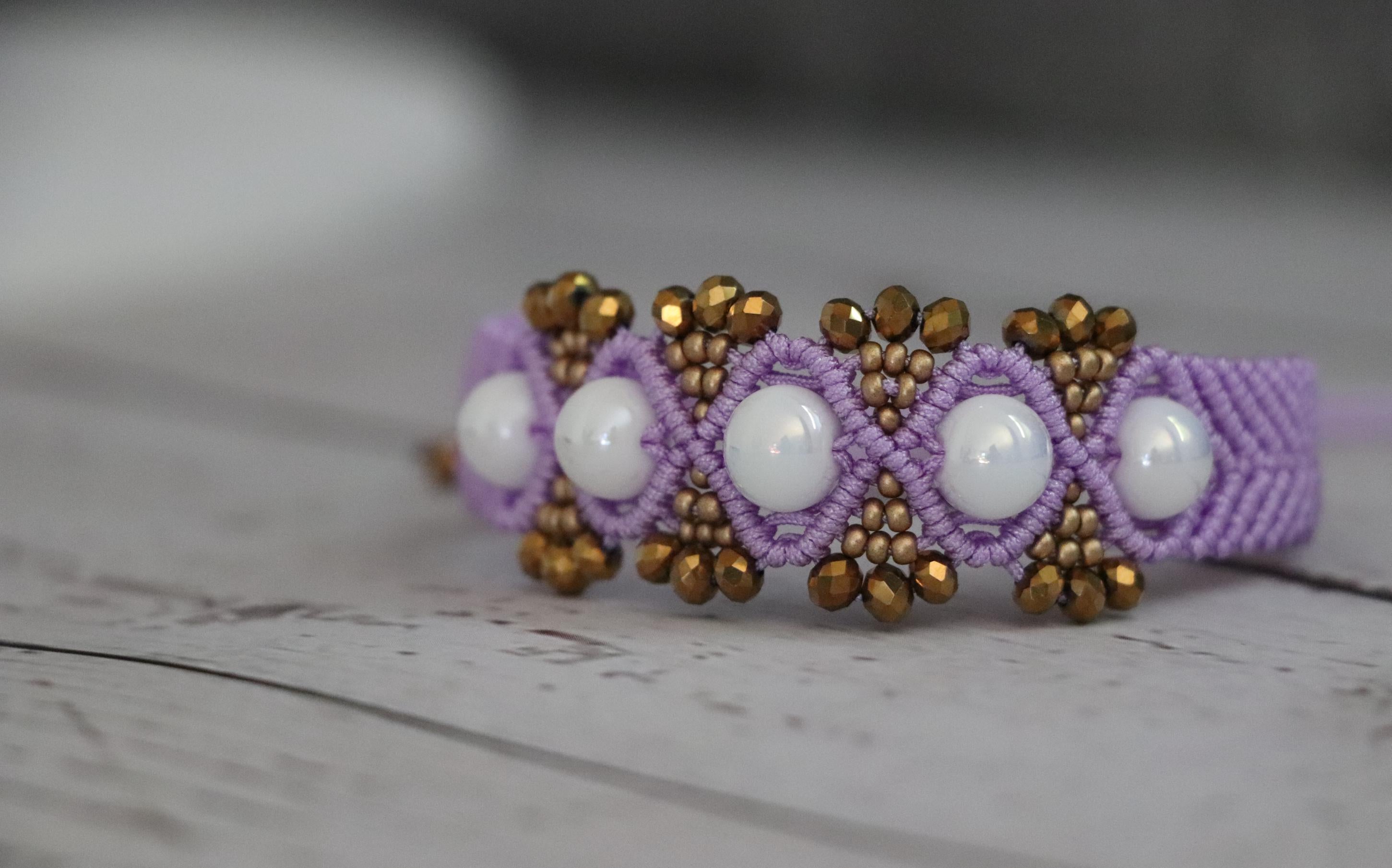Lilac Macramé Bracelet with Gold & White Beads