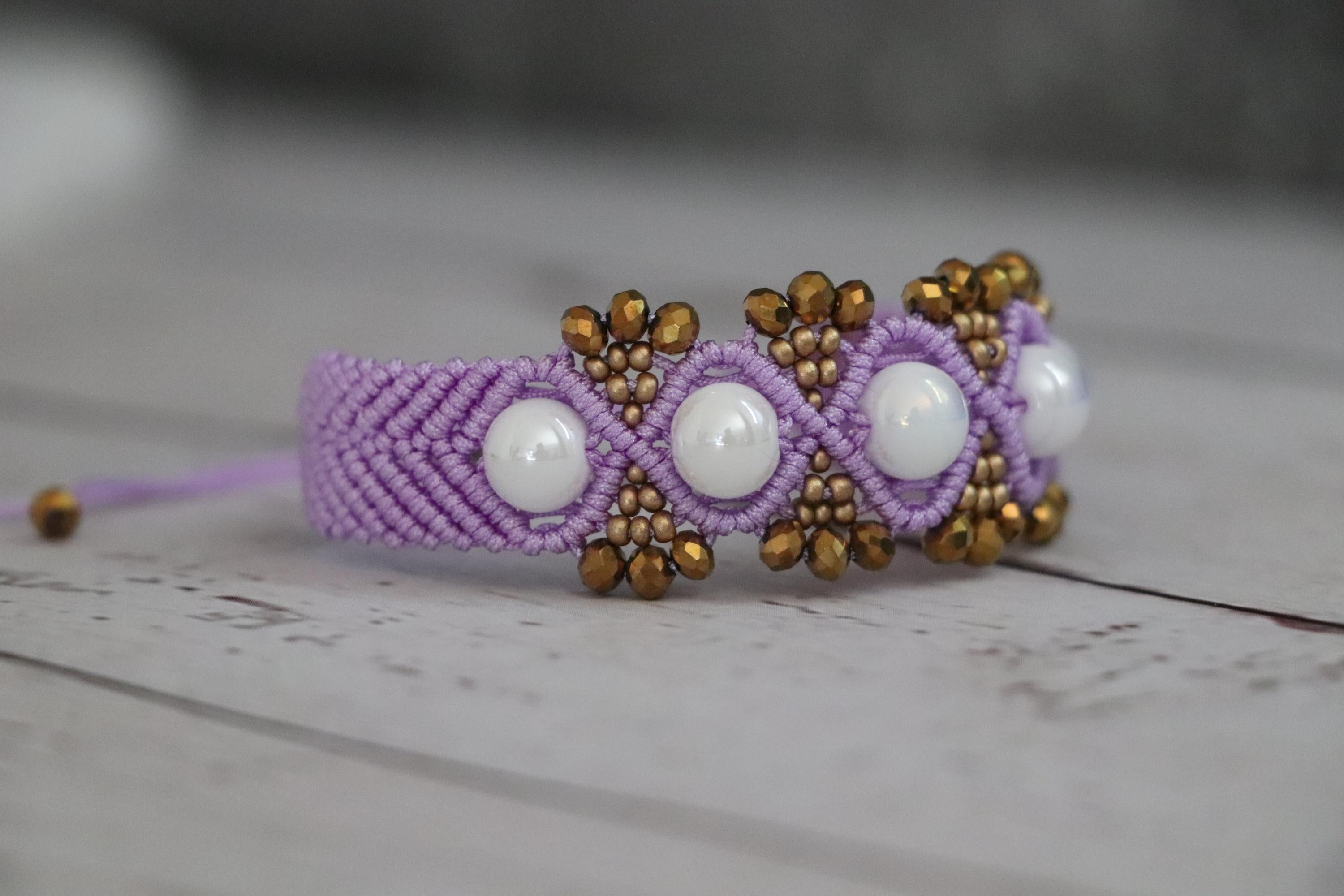 Lilac Macramé Bracelet with Gold & White Beads