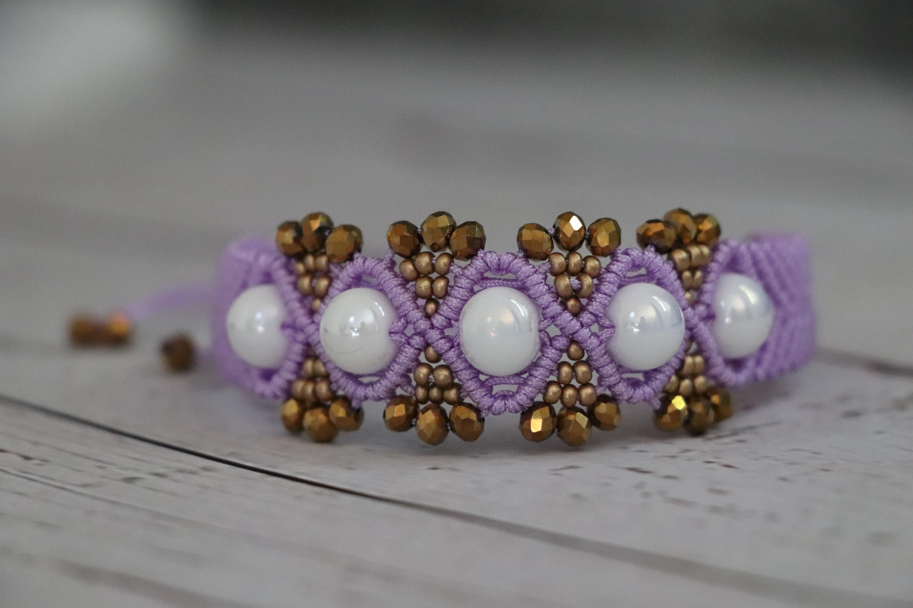 Lilac Macramé Bracelet with Gold & White Beads