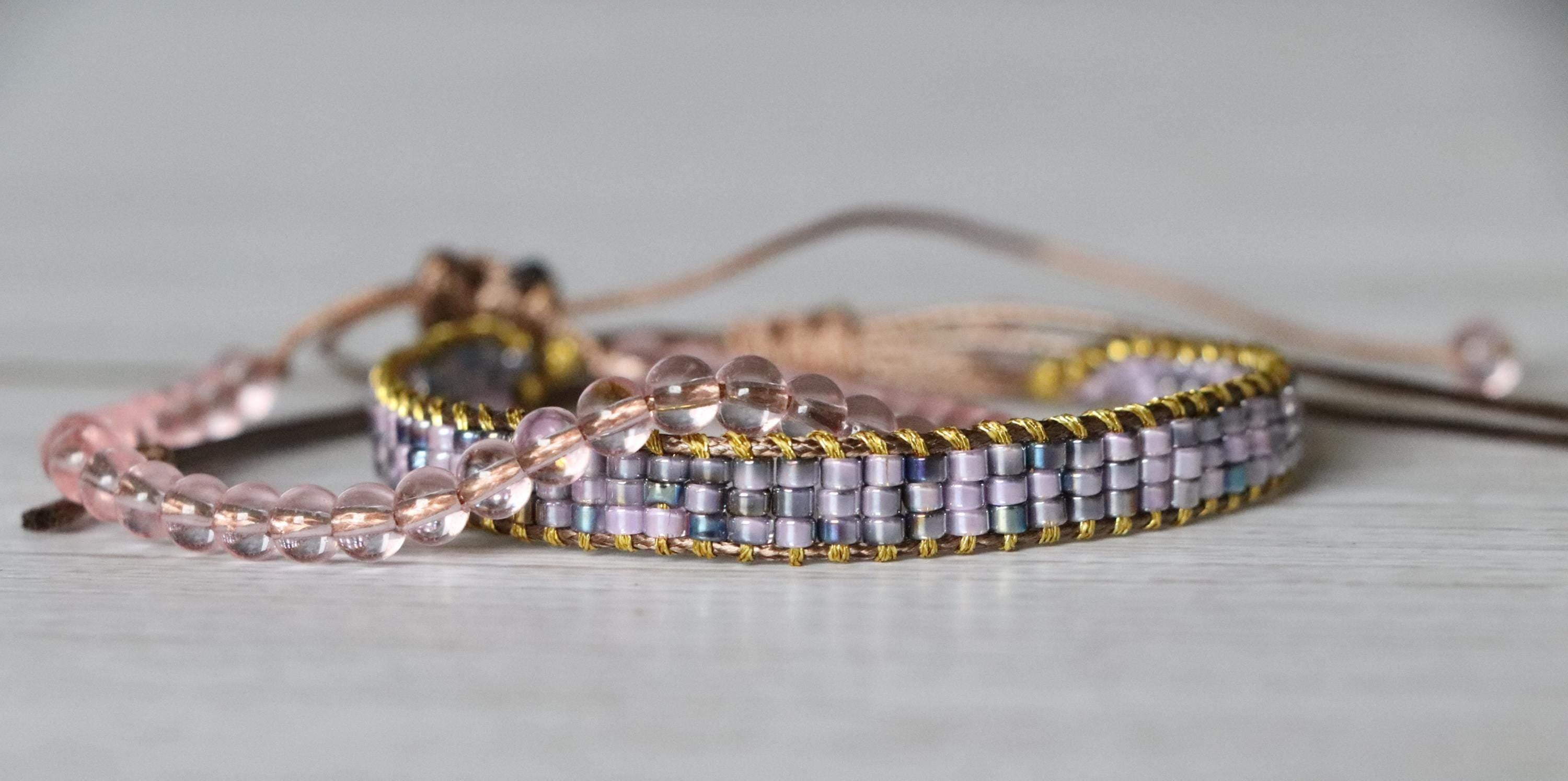 Lilac Woven Bracelet & Pink Glass Bead Bracelet – Handmade Soft Color Bracelet Set