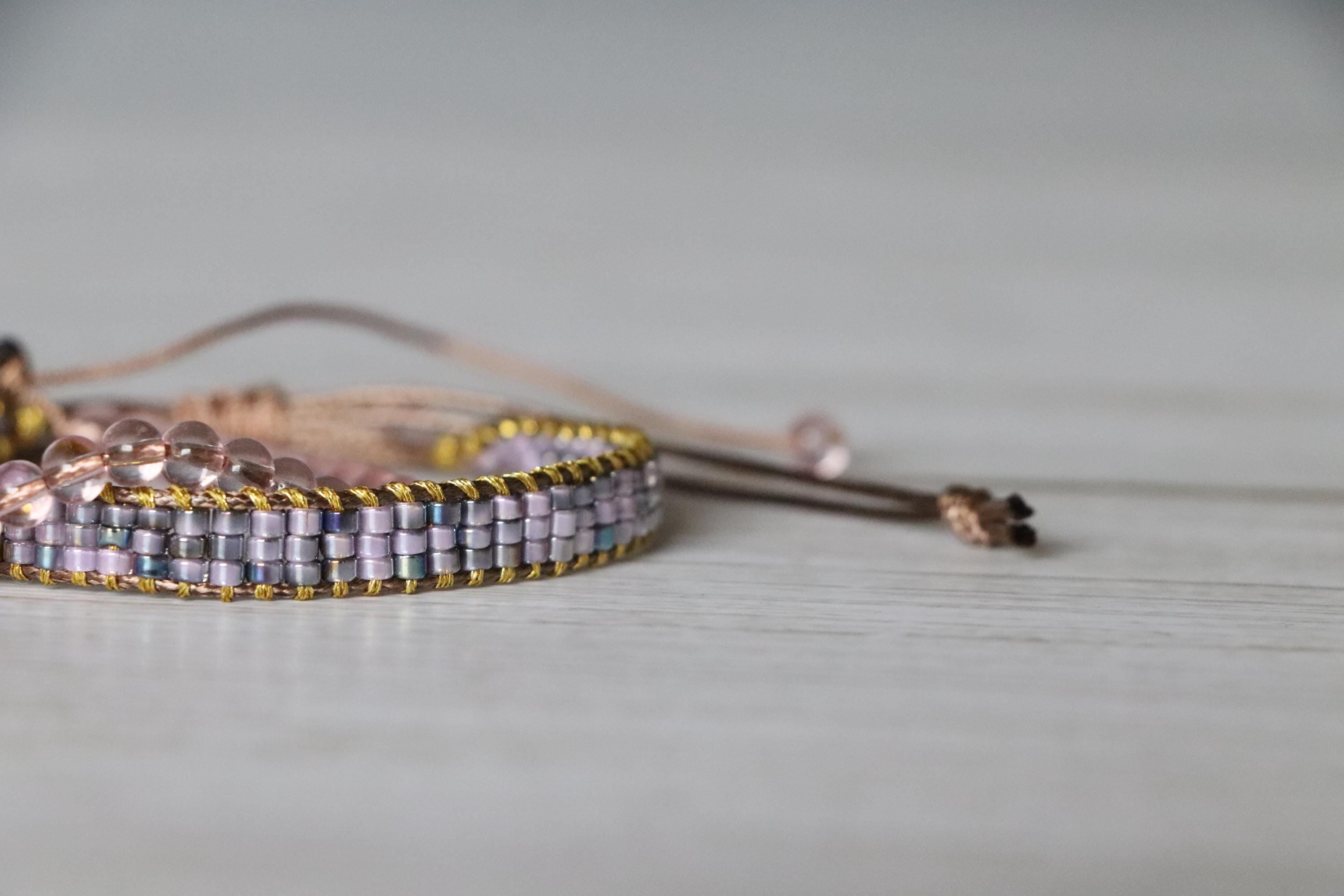 Lilac Woven Bracelet & Pink Glass Bead Bracelet – Handmade Soft Color Bracelet Set