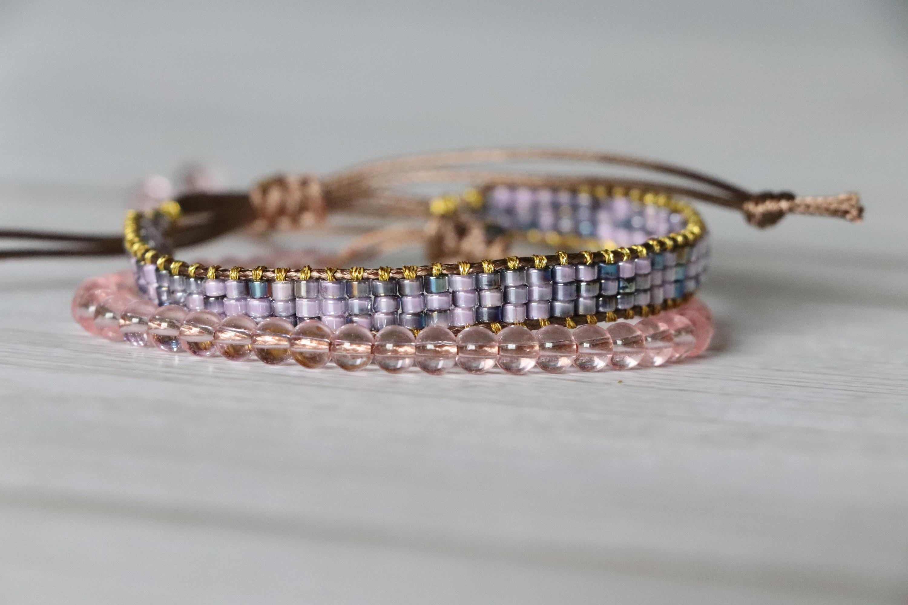 Lilac Woven Bracelet & Pink Glass Bead Bracelet – Handmade Soft Color Bracelet Set