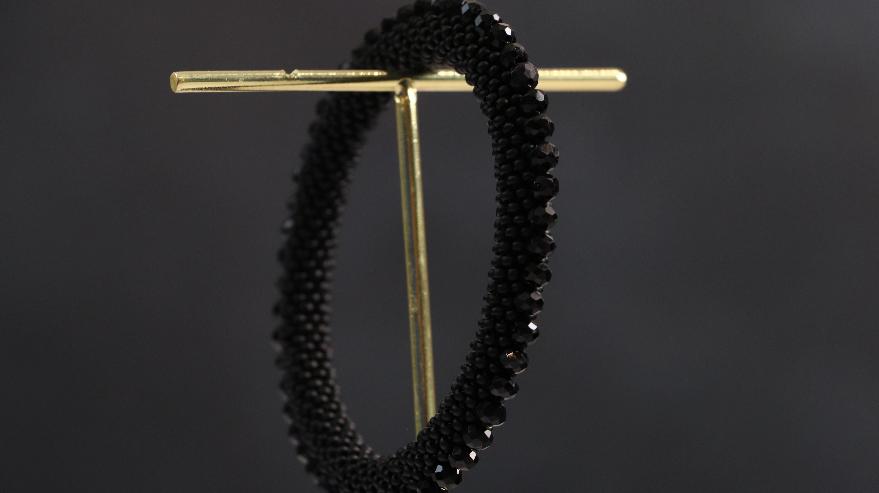 Matte Black Sand Beads with Crystal Center, Elastic Handmade Bracelet, Minimalist Jewelry Gift